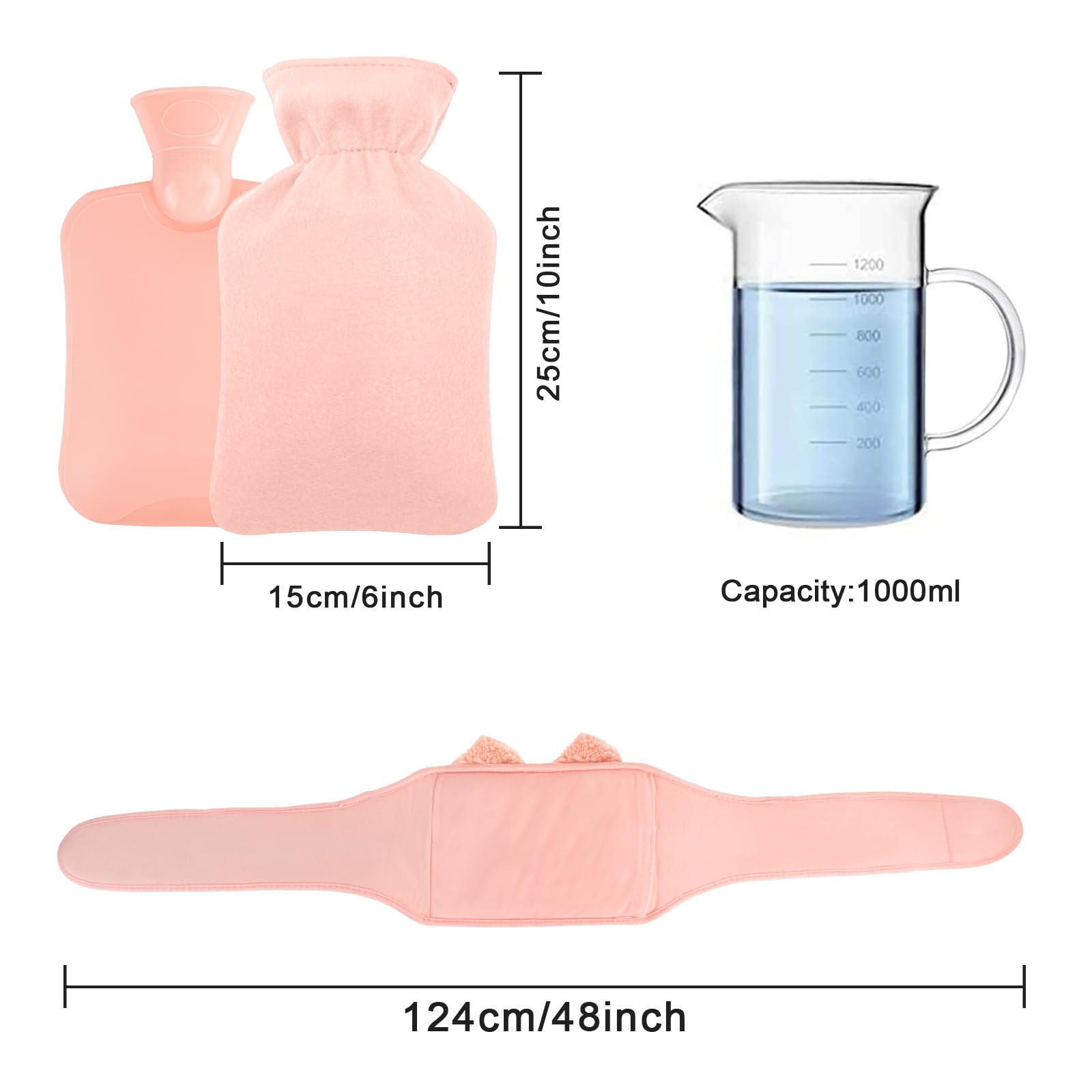 Cinturón para botella de agua caliente, 1 L, caucho natural, 3 en 1, cinturón para bolsa de agua caliente con felpa suave, funda para cinturón (gato rosa)