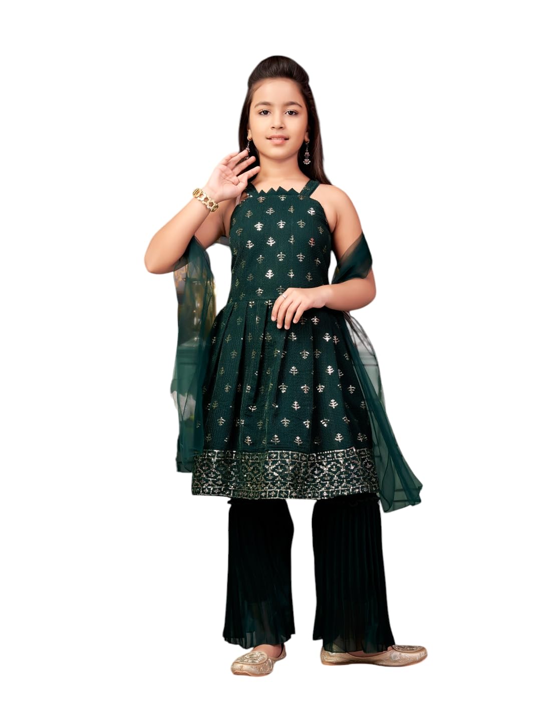 Aarika Girls Ethnic Wear Green Colour Sequin Embroidery Georgette Kurta Sharara Set With Dupatta-3-13 Years (Sh-Shm-5002)
