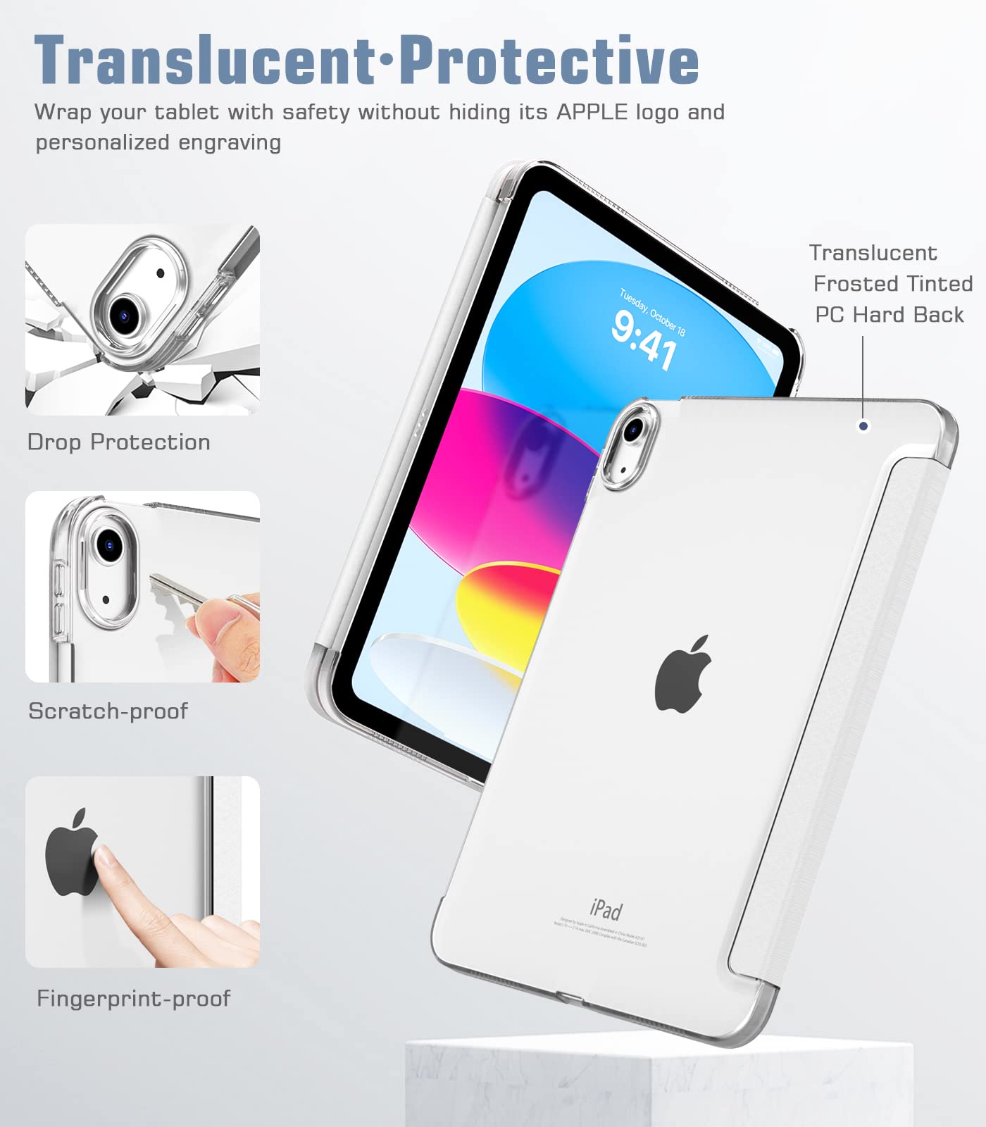 TiMOVO Cover Custodia Compatibile con iPad 10 Generazione 10,9" 2022, iPad 10 Cover con Retro in PC Rigido Semi-Trasparente, Funzione di Auto Sveglia/Sonno, Bianco