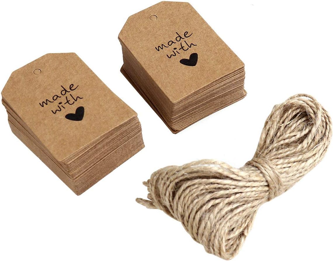 Electomania 100 PCS 1.6 X 2.1 Inches Kraft Gift Labels Tags Paper with String Favors Rectangular Kraft Craft Tags - Twine 32 Feet (Brown)