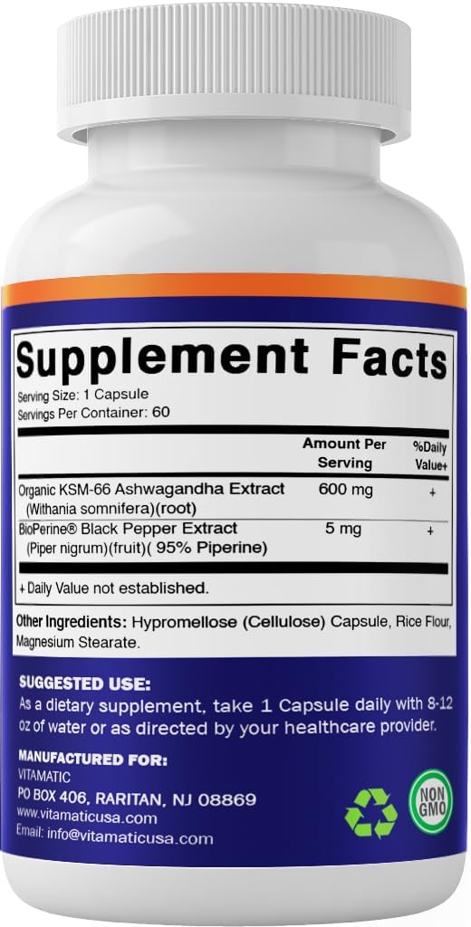 Vitamatic KSM-66 Ashwagandha Root Extract + Bioperine - 600mg, 60 Veggie Caps (1200 mg per 2 Capsules) - Image 9