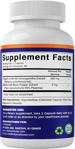 Miniatura 9 de Vitamatic KSM-66 Extracto de raíz de Ashwagandha + bioperina - 600 mg, 60 cápsulas vegetales (1200 mg por 2 cápsulas)