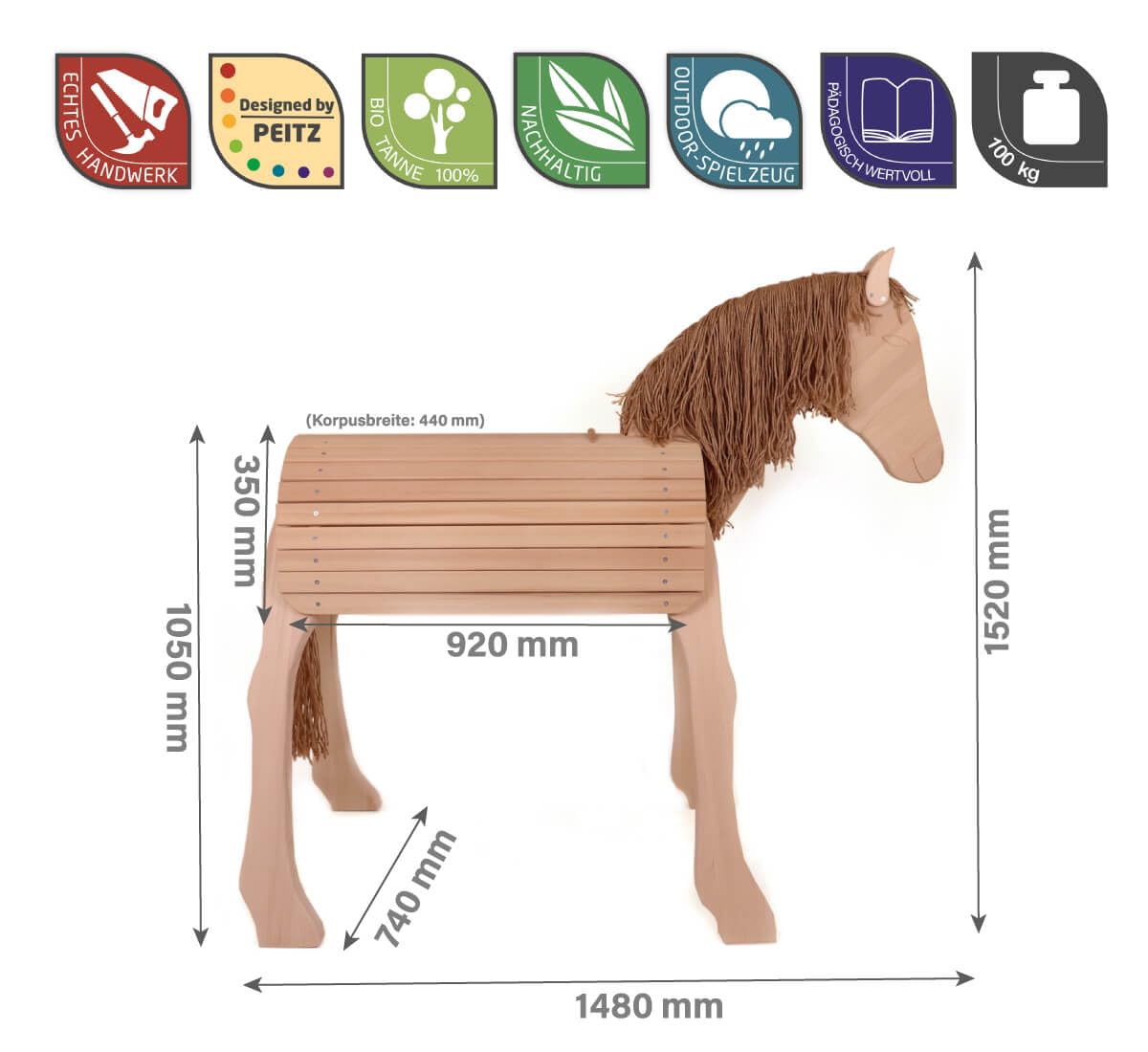 Holzspielzeug Peitz Großes Voltigierpferd Diamant | Holzpferd | Outdoor-Spielzeug | Draussen 7028 | Stockmaß 105 cm (Natur)