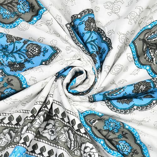 Image of BLOCKS OF INDIA 100% Cotton Dohar King Size Reversible Hand Block Printed Malmal Summer Dohar /Blanket (Blue Rose)-300 TC