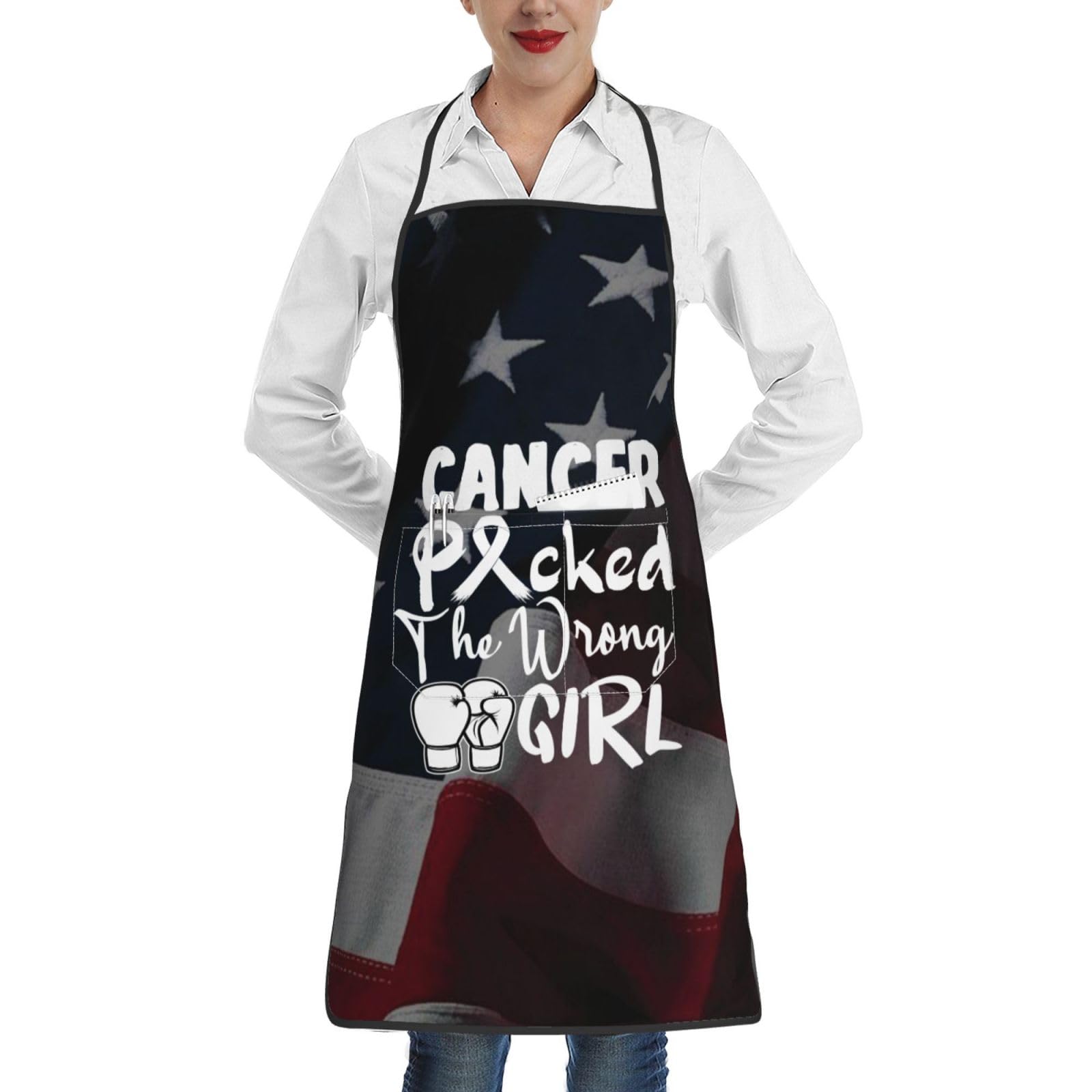 nopicsn Cancer Picked The Wrong Girl Lung Cancer Apron for cooking with Pockets Women Men Kitchen Chef Funny Aprons