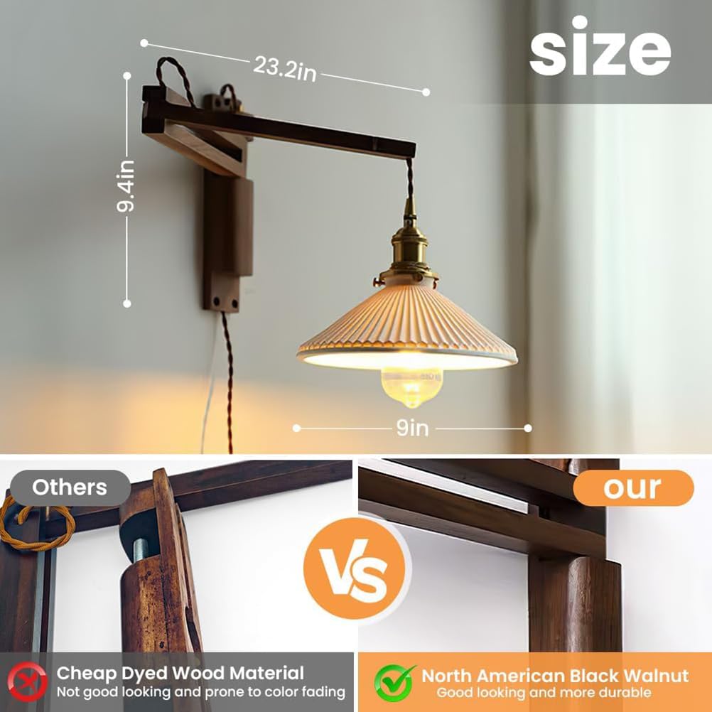 AoLa Holz Wandlampe E27 Innen Schwenkarm Wandleuchte mit Schalter und Stecker vintage Industriell Nachttischlampe mit Kabel Einstellbar Langer Arm, Keramik Lampenschirm Leselampe