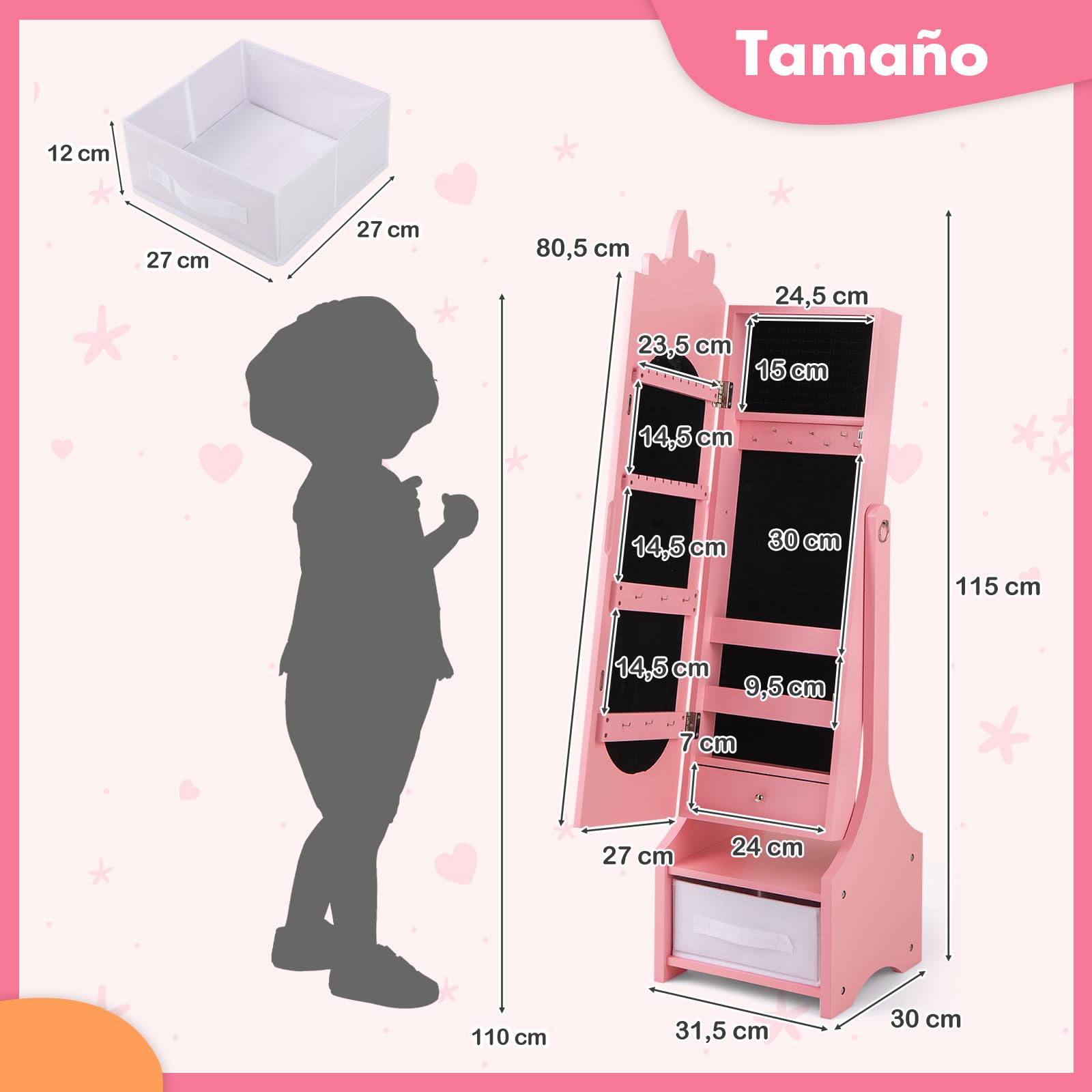 COSTWAY Armario para Joyas para Niños, Unicornio Espejo Joyero de Cuerpo Entero con Almacenamiento y 2 Ángulos Inclinados, Espejo de Vanidad con Ganchos, Estantes y Cajones (Rosa)