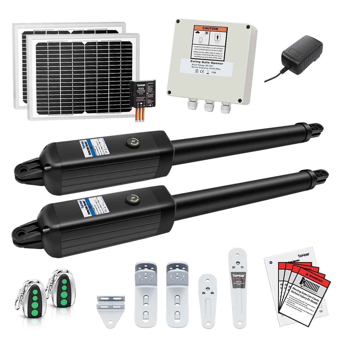 TOPENS AD8S Automatic Solar Gate Opener for Heavy Duty Dual Swing Gates Up to 18ft per Arm, Dual Swing Gate Operator Battery Powered with Remote Control Kit Gate Motor Solar Panel Included
