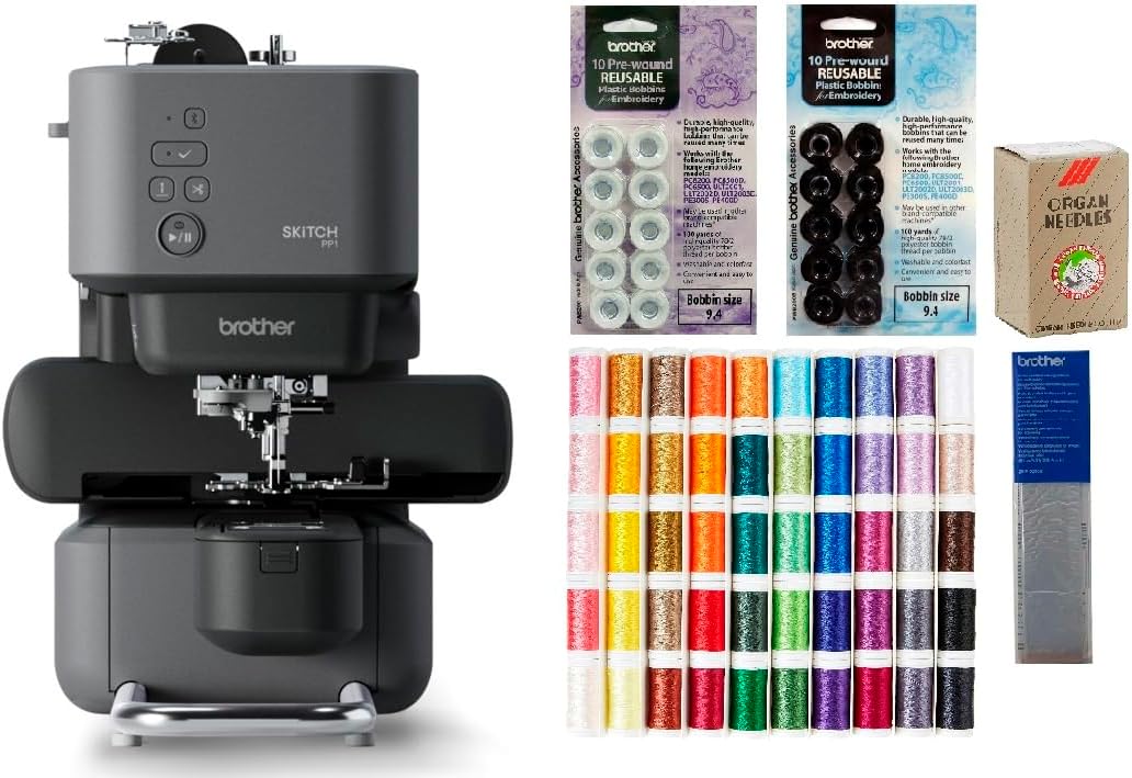 Brother PP1 Skitch Single-Needle Embroidery Machine, 50-Piece Designio Thread Set, 20 Bobbins, 100-Piece 75/11 Embroidery Needles, Stabilizer Roll