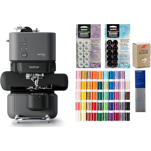 Brother PP1 Skitch Single-Needle Embroidery Machine, 50-Piece Designio Thread Set, 20 Bobbins, 100-Piece 75/11 Embroidery Needles, Stabilizer Roll