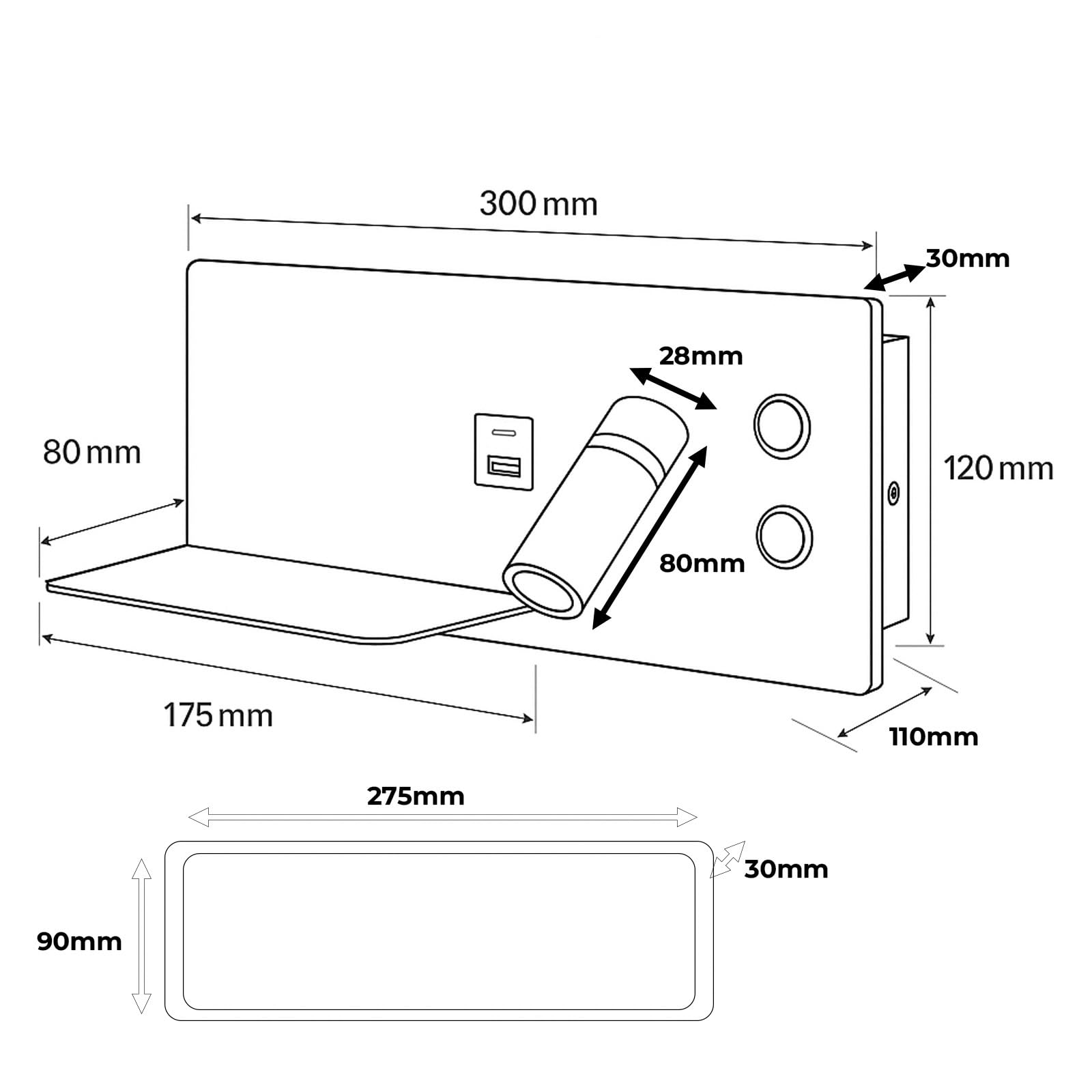 Alpinaluz Applique da Parete LED Bianco con Faretto Destro Orientabile per Camera da Letto Testiera, Luce Ambientale 2700K, Ricarica USB-C + USB-A, Mensola Metallica e Interruttori Indipendenti