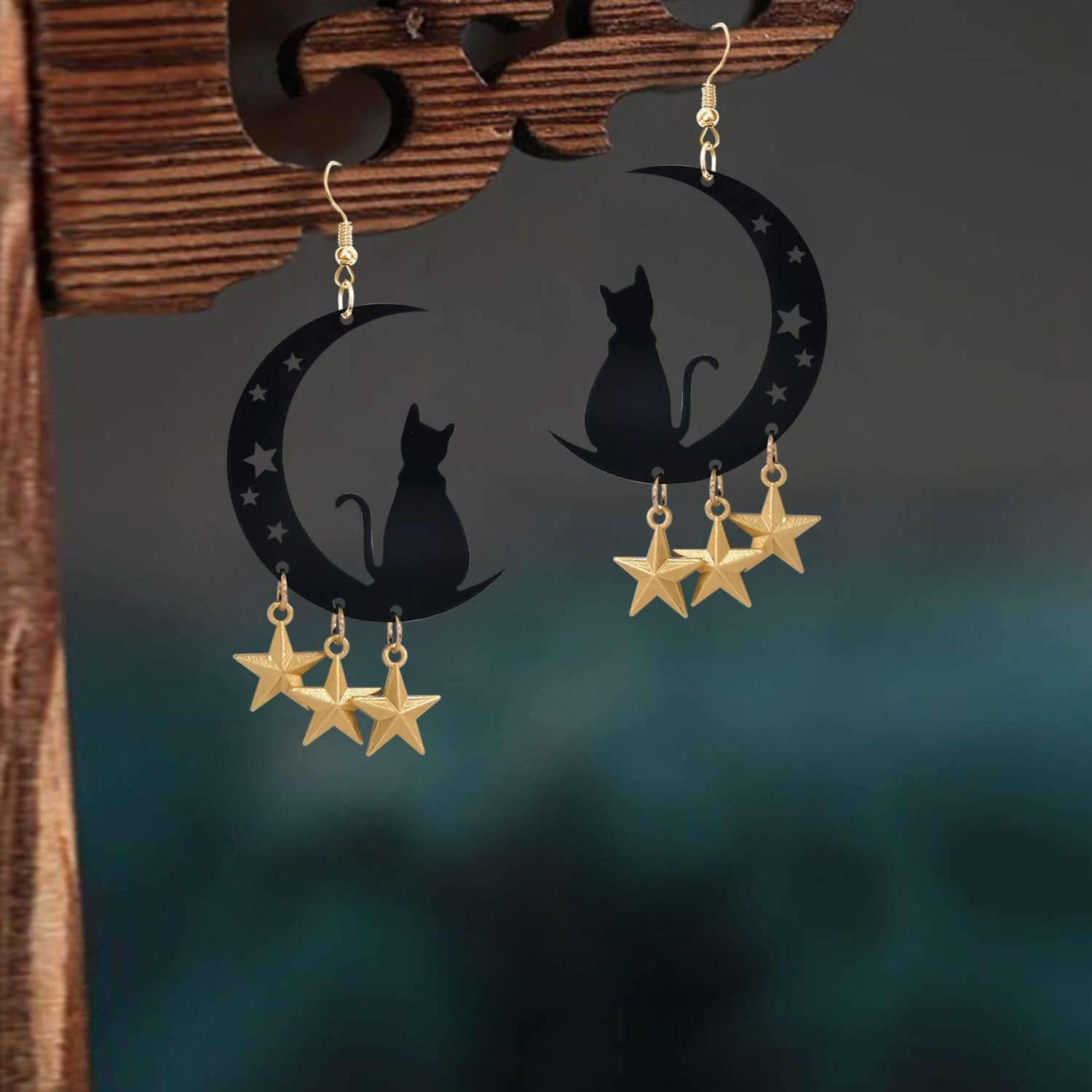 Cute Hollow Black Moon Cat Fringe Alloy Lightweight Dangle Drop Earrings Handmade Geometry Star Hook Earrings For Women Jewelry Gifts - Image 6