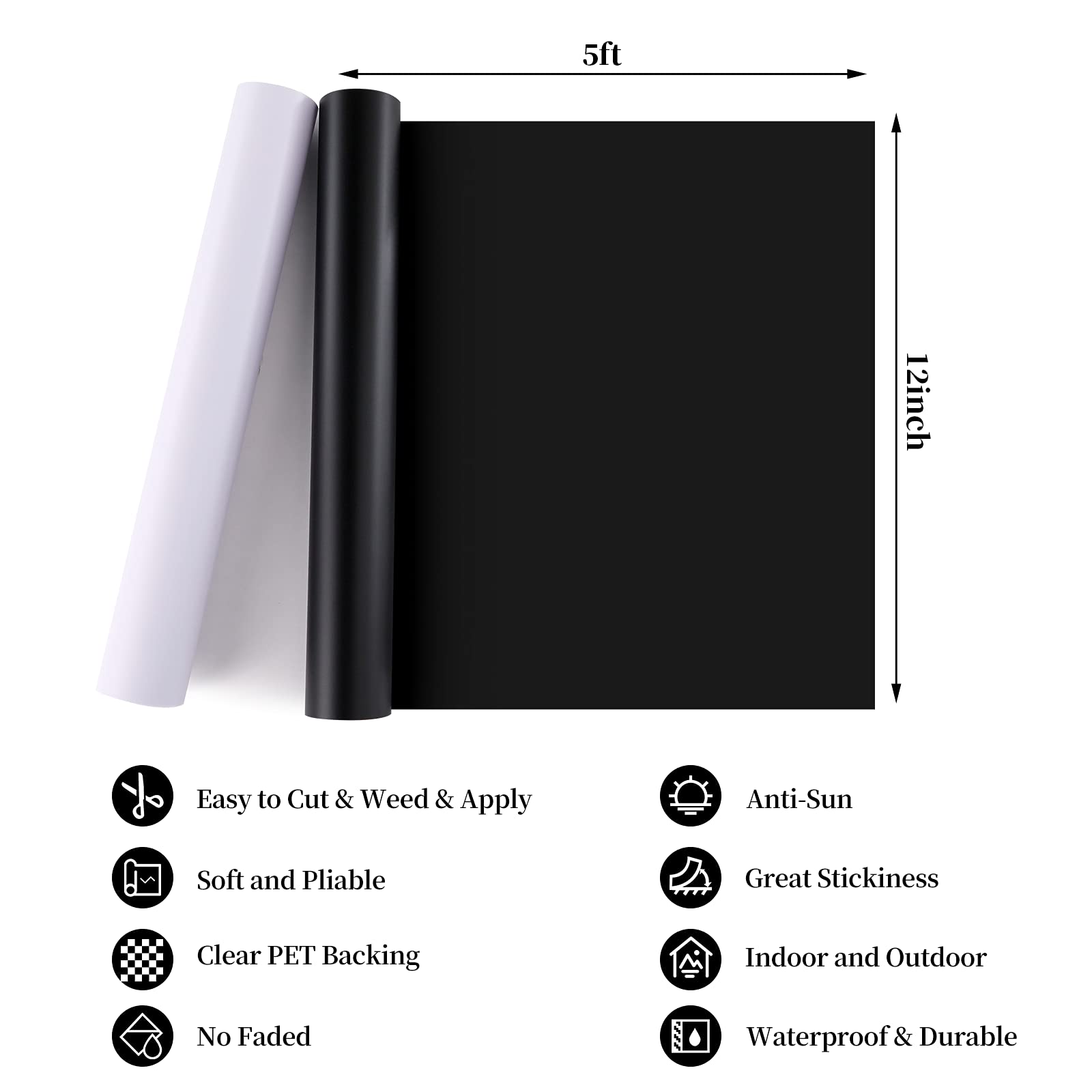 YRYM HT Permanent Adhesive Vinyl Rolls 12" x 5ft Matte Black Adhesive