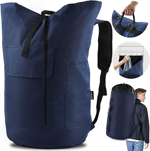 Miniatura 8 de Bolsa de lavandería extra grande de 125 litros con correas para el hombro, diseño ajustable y extensible, bolsa de lavandería con 3 bolsillos para