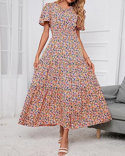 Image of PRETTYGARDEN Women's Casual Smocked Boho Floral A-Line Maxi Dress 2026 | Summer Short Flutter Sleeve Crewneck Tiered Long Sundress,Fall Wedding Guest Dresses,Spring Cute Flowy Beach Vacation Clothes