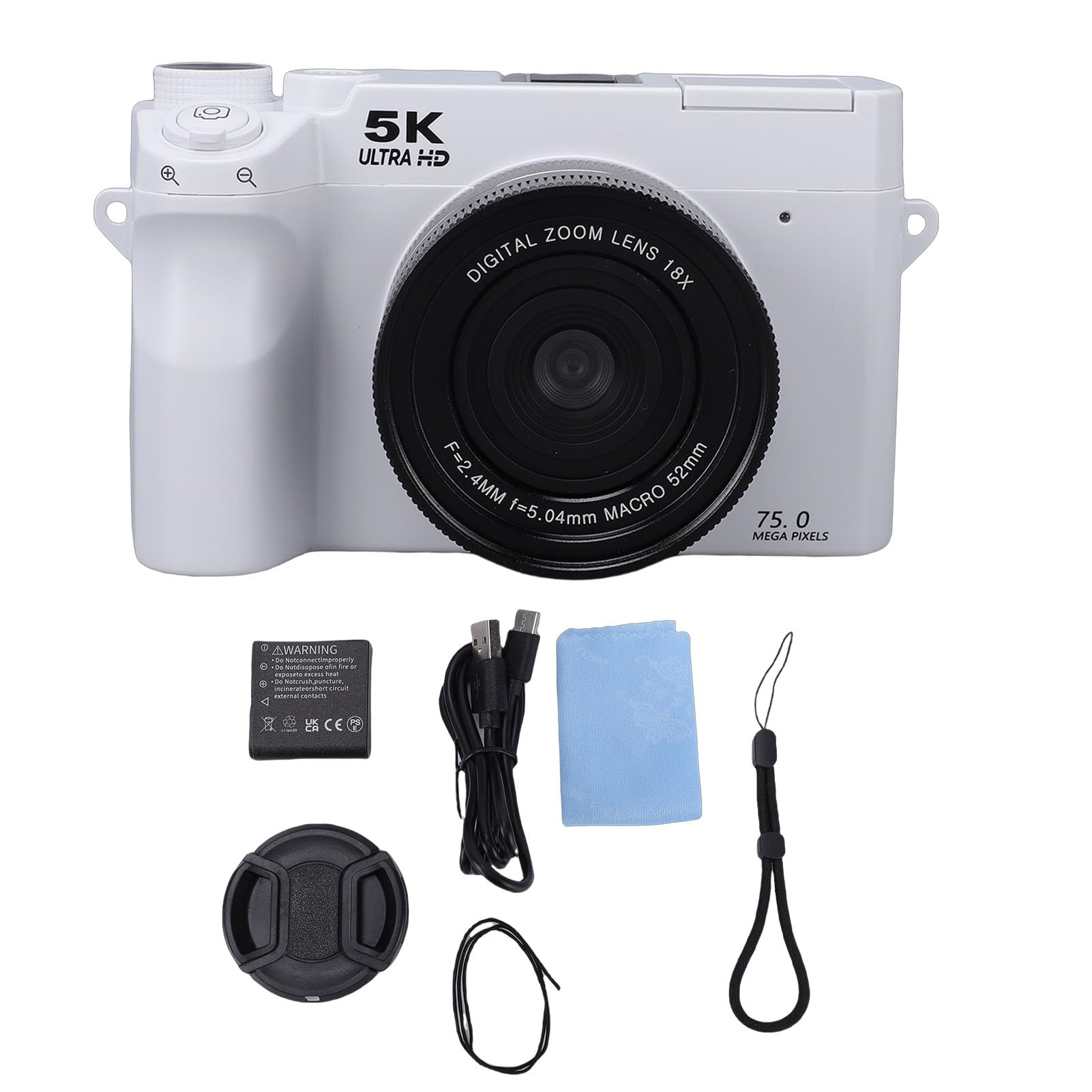 Jectse Fotocamera Digitale 5K per Fotografia con WiFi, Fotocamera per Vlogging Ultra HD da 75 MP con Schermo Ribaltabile a 180° da 3 Pollici, Compatta con Messa a Fuoco (White)