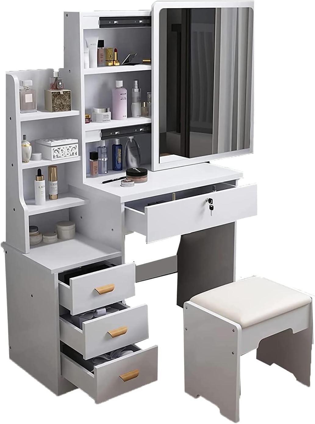 Mobile Toeletta Scrivania con Specchio Scorrevole per Trucco Set mensole, cassetti laterali e centrale e sgabello tavolo cosmetici per ragazze bambine Centro di Bellezza 130X80X35 - BIANCO