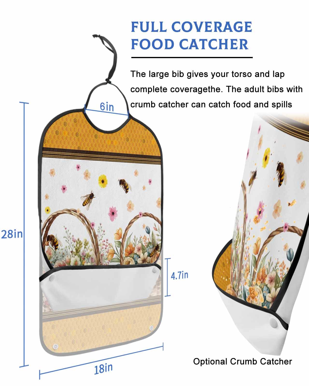 LEOKOTI Summer Flowers Adult Bibs for Eating, Waterproof Bibs with Food Catcher & Adjustable Snap Closure, Orange Honey Bee Botanical Washable Clothing Protectors Adult Bibs for Elderly Women/Men