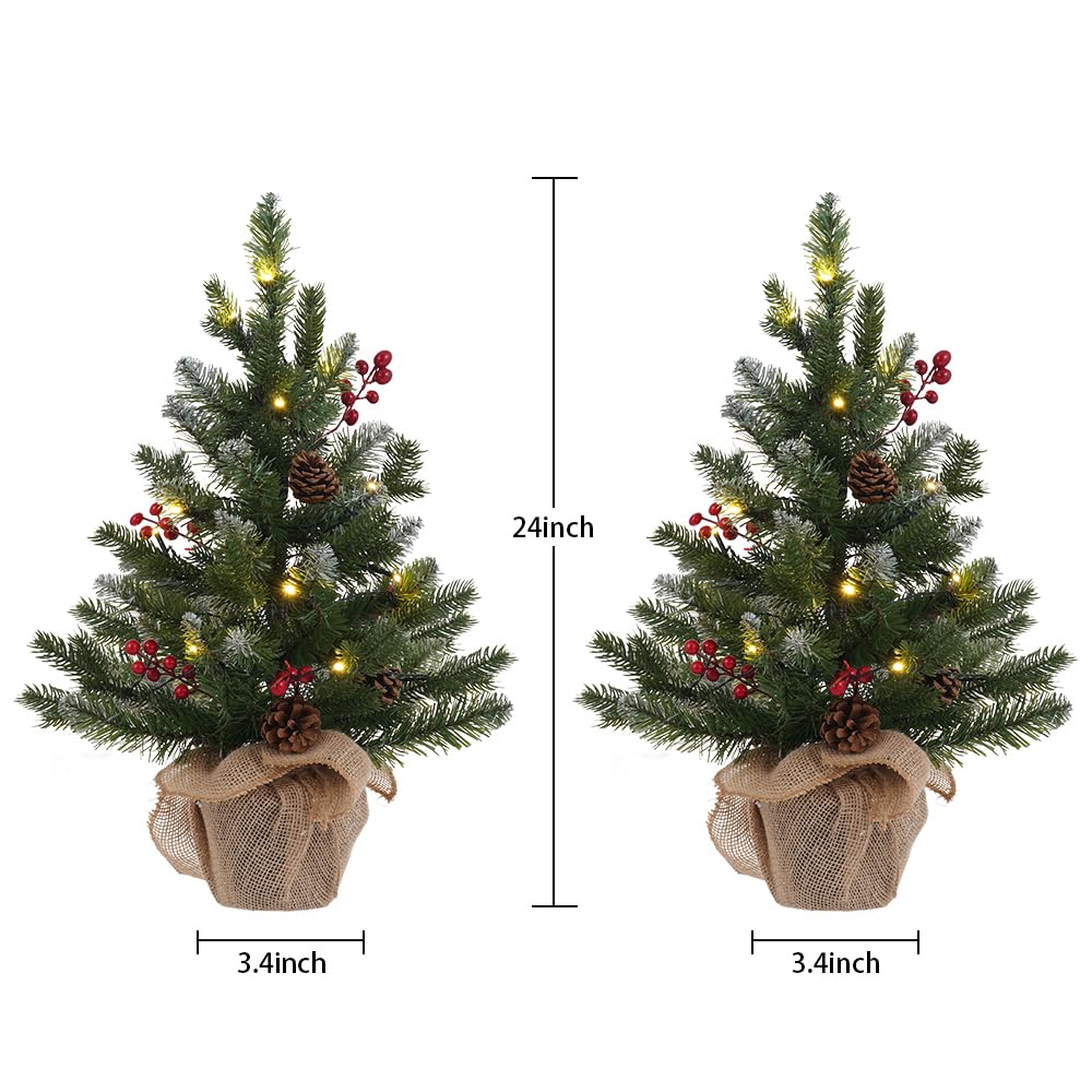 MEETYAMOR Lot de 2 mini sapins de Noël artificiels de 61 cm pré-éclairés en polyéthylène floqué de neige avec 20 lumières minuterie, décoration de Noël pour intérieur et extérieur