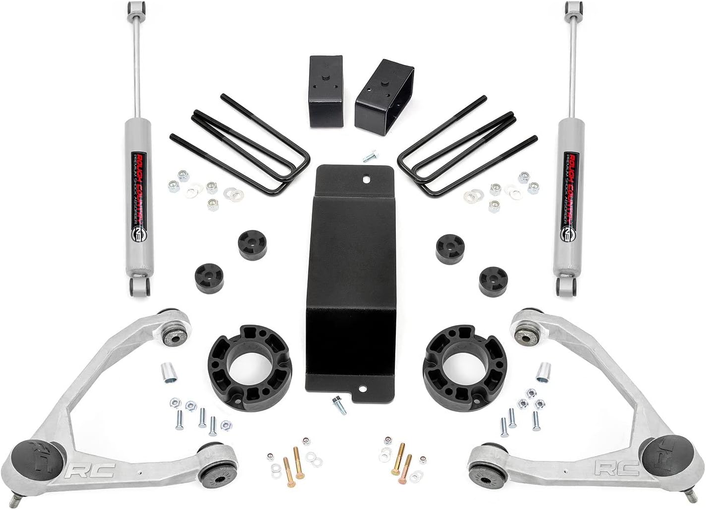 3.5" Lift Kit with Strut Spacers/N3 Rear Shocks for Chevy Silverado & GMC Sierra 1500 (2007-2016) - Silver Control Arms