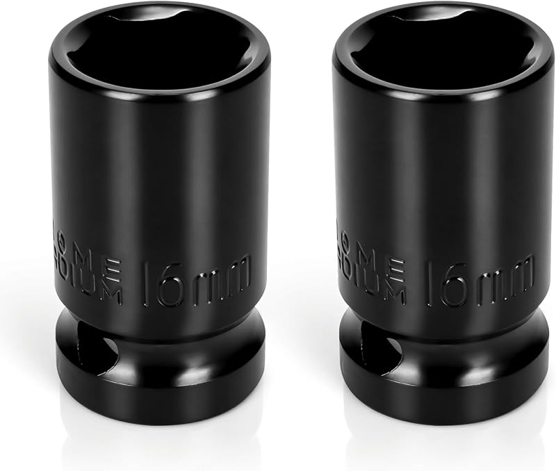 Kit com 2 Soquetes de Impacto 16 mm, Encaixe de 12,7 mm (1/2 pol.), 6 Pontas, Perfil Raso, Aço CR-V Sunkoo