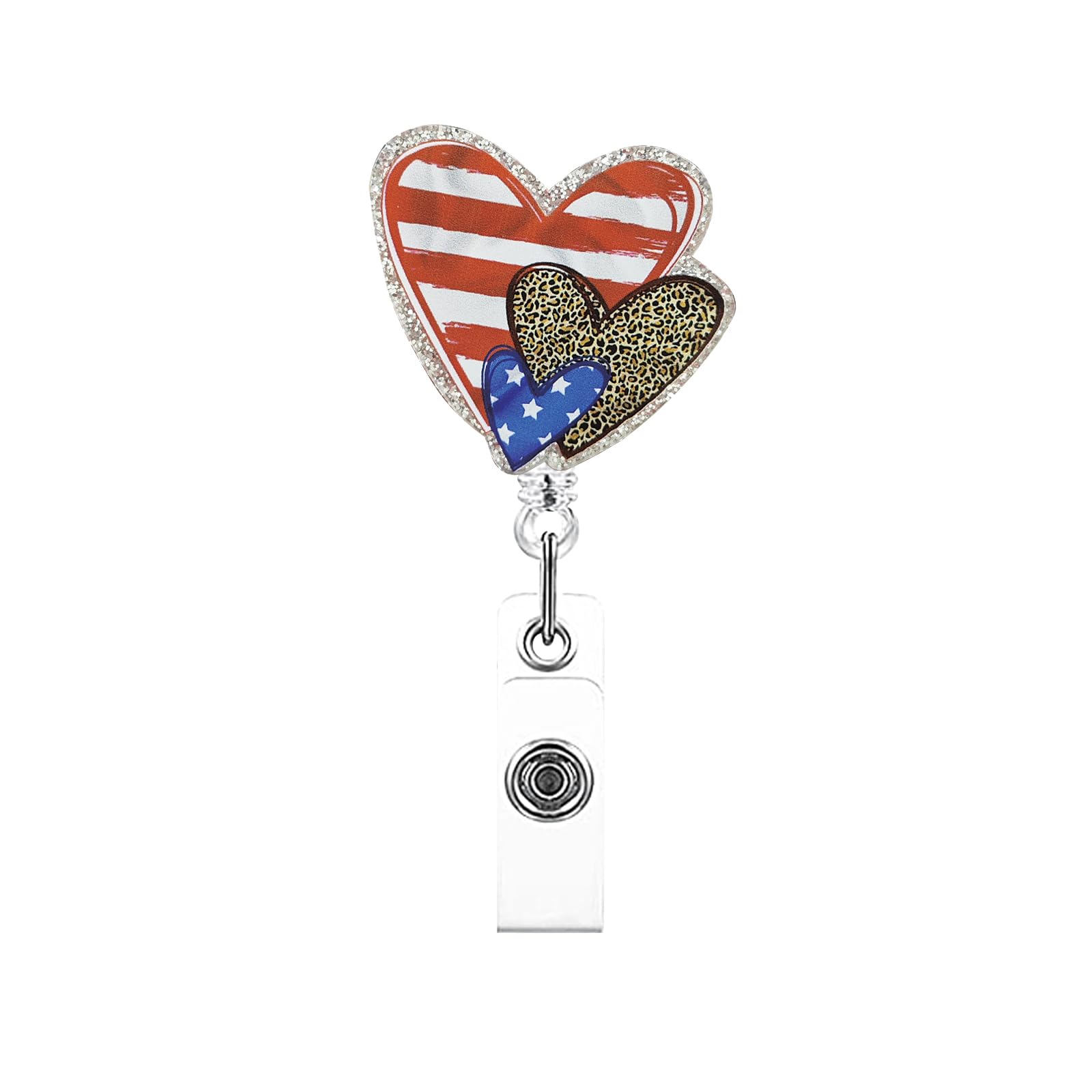 Heart Independence Day Badge Reel Retractable Patriotic Blue Red Badge Clip Independence Day Badge Holder Leopard Print Name Tag Clip for Nurse