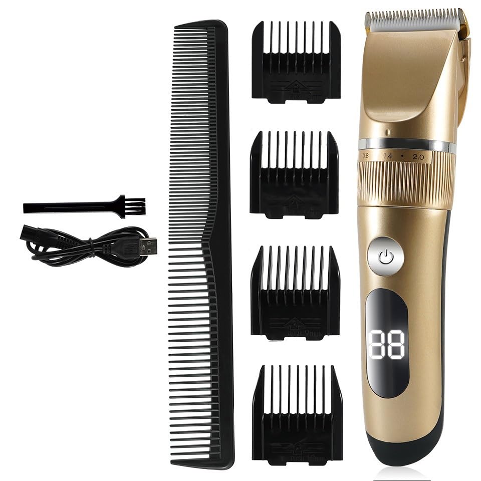 cortapelo, Recortador De Barba Profesional for Hombres, Cortapelos Digitales LED Velocidad Ajustable(Gold)