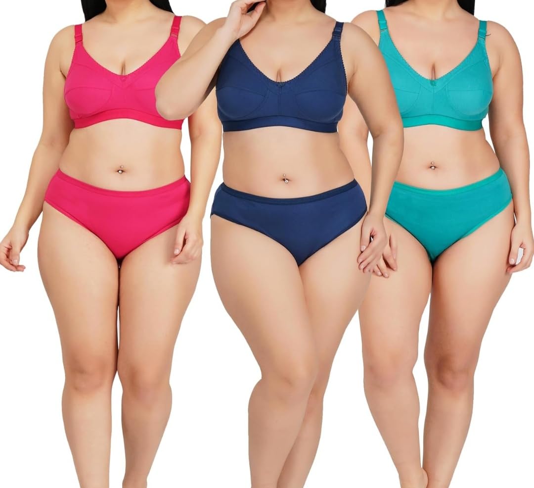 Women's Cotton Blend Bra and Panty Set, Solid, Multicolour, Regular Fit, Adjustable Strap, Bikini Bottom, 3 Pack-picture-10