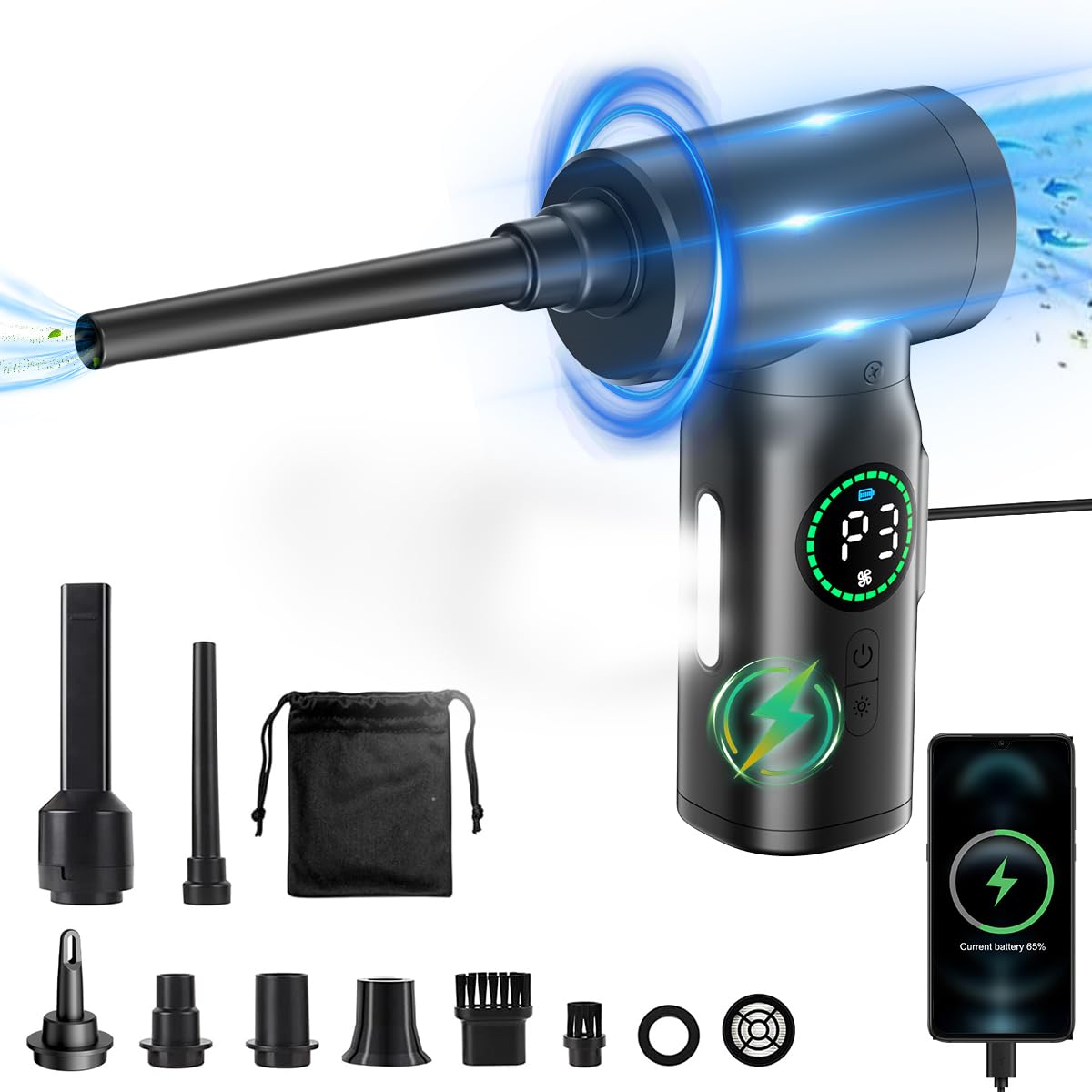 ZORBES® 2 in 1 Electric Air Blower with LCD Digital Display, 120W USB Cordless Air Blower with LED and Interchangeable Nozzles for Home, Computer (B0CYG3G6GG) Amazon Price History, Amazon Price Tracker