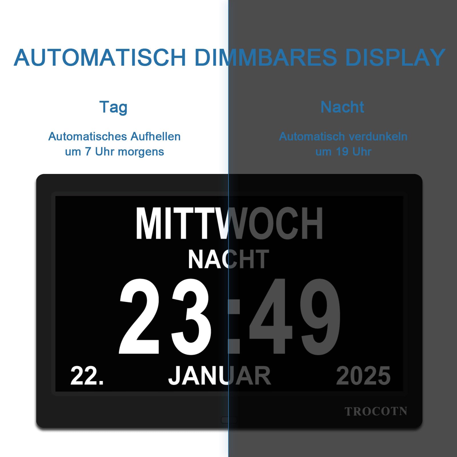 TROCOTN Demenz Uhr Senioren Digitale Uhr Tagesuhr Großes Display Wecker Wanduhr (Schwarz,10 Zoll)