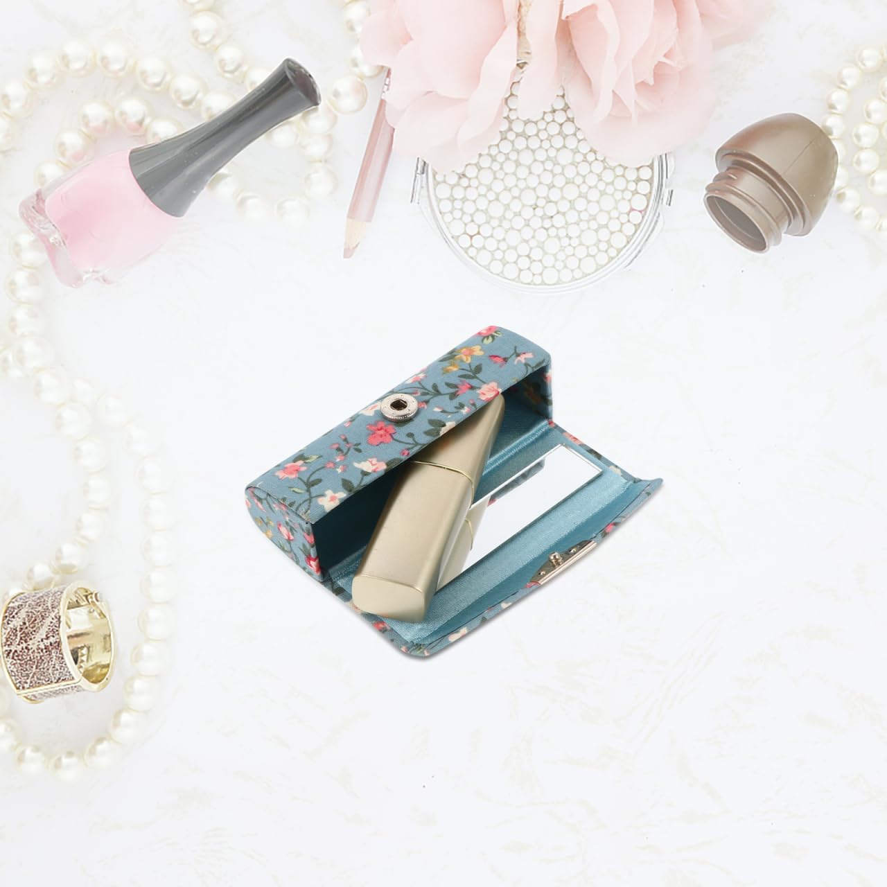 FRCOLOR Ladies Floral Lipstick Case Holder with Mirror Travel Cases Organizer Bag Cosmetic Storage Kit for Women Purse - Image 2