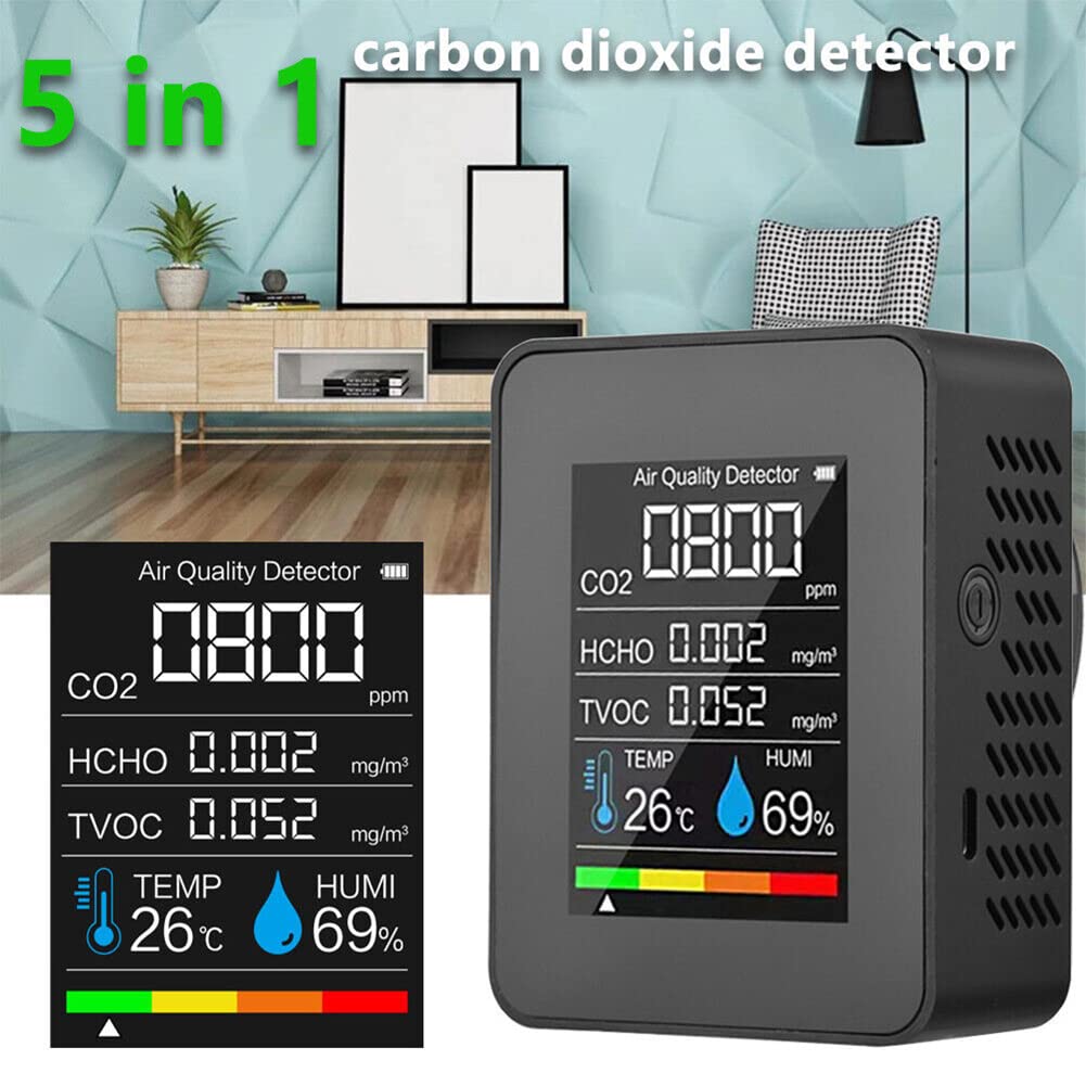 Moniteur de qualité de l'air intérieur 5 en 1 HCHO TVOC AQI testeur de température et d'humidité écran LCD coloré Noir