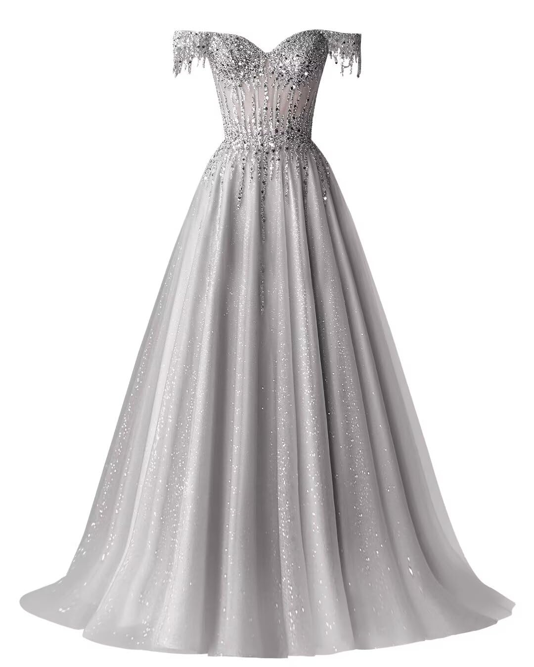 Off Shoulder Tulle Prom Dresses Long Ball Gown for Women Sequin Beaded Formal Evening Gown