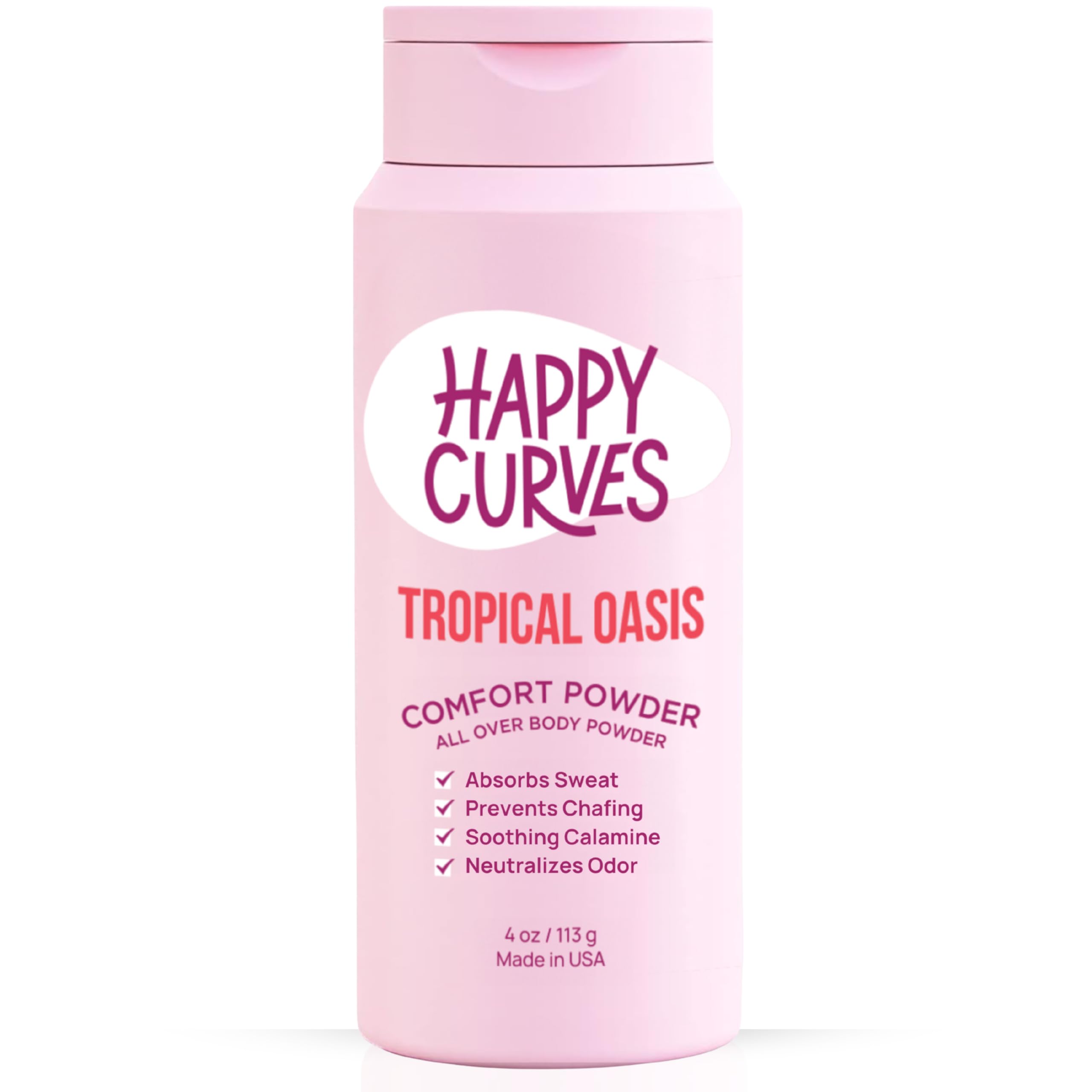 HAPPY CURVESComfort Powder: Talc Free Anti Chafe Body & Foot Powder Deodorant to Control Inner Thigh Chafing, Private Areas, and All Over Body for Women 4 oz. (1 Pack, Tropical Oasis)