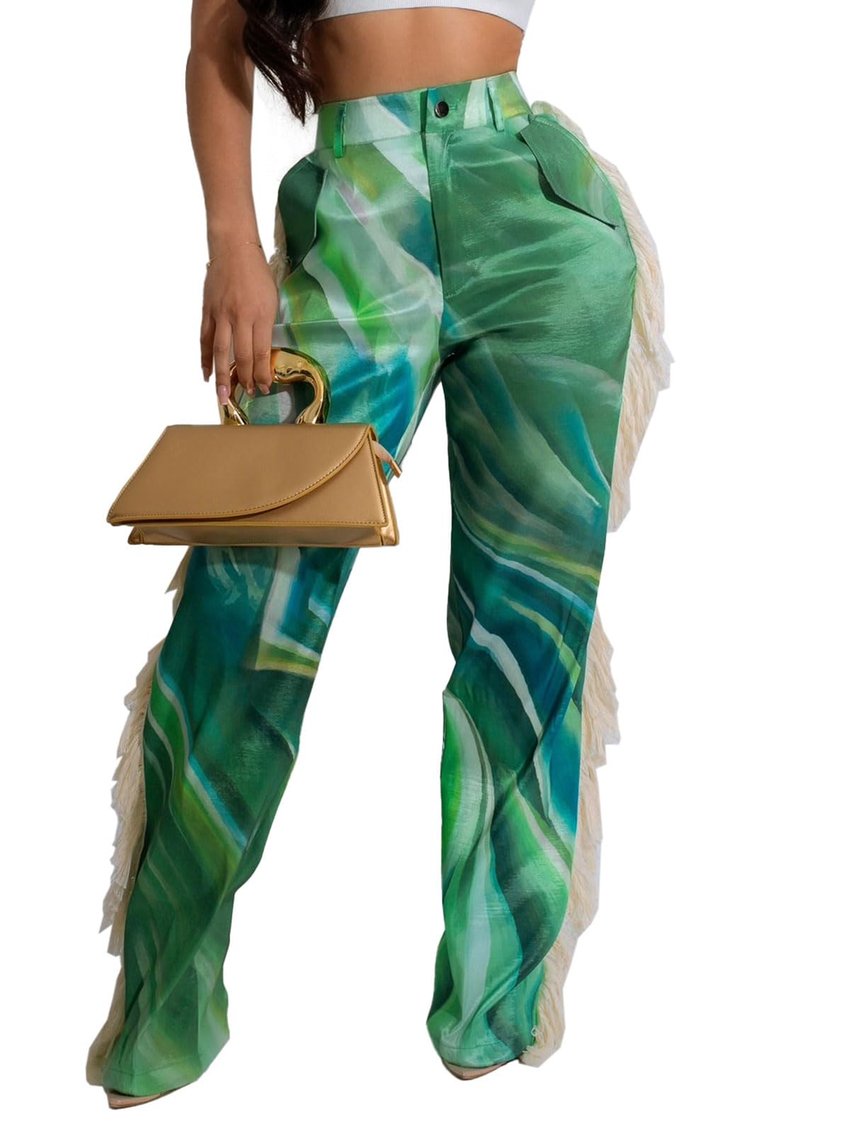 Angusttc High Waisted Pants for Women Fringe Straight Leg Print Trendy Pants