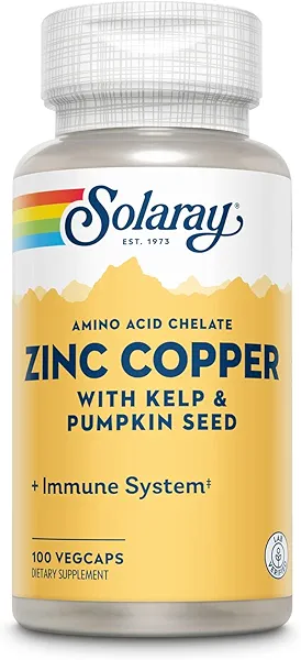 SOLARAY Zinc Copper Amino Acid Chelate - Immune Support Supplement w/Chelated Zinc 50mg - Bone, Skin, Heart Health and Thyroid Support - with Iodine from Kelp, 60-Day Guarantee, 100 Serv, 100 VegCaps