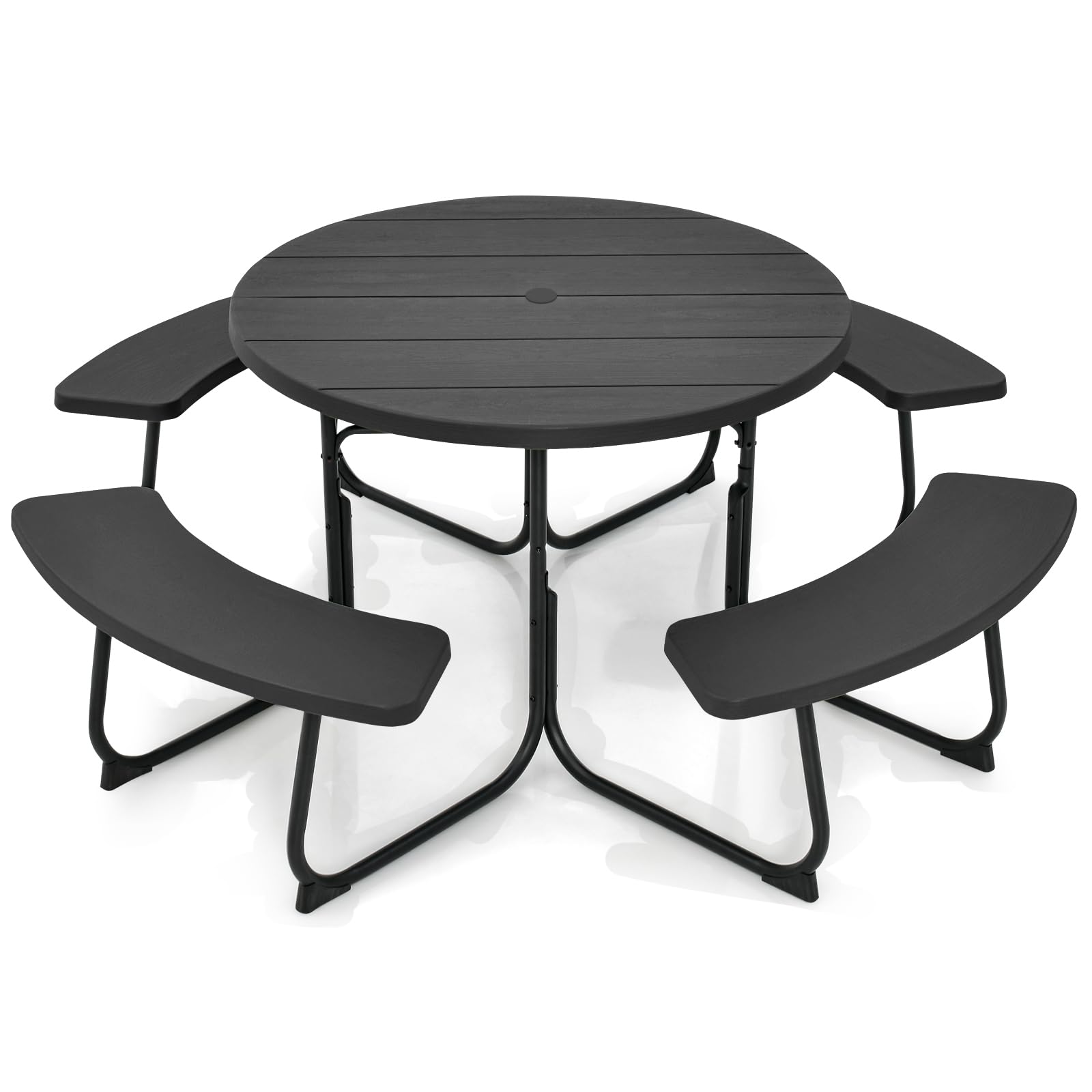 Round Picnic Table for Outdoors, 8 Person Outdoor Picnic Tables & Benches Set with Umbrella Hole, HDPE Tabletop & Metal Frame, 2000 LBS Capacity Table Bench Set for BBQ, Garden, Lawn, Patio