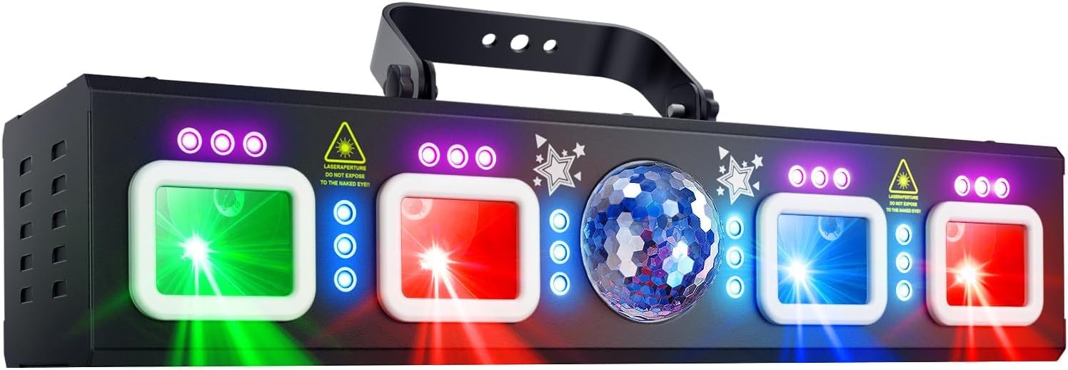 KeoBin Pro 7-in-1 DJ Lights for Party - DMX &amp; Sound Activated Laser Light Show Projector with Disco Ball Light, RGBW &amp; UV Strobe Party Lights Indoor for Rave Club Dance Bar Gig DJ Lighting