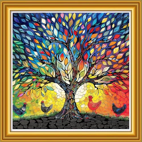 Image of Dooxvey Counted Cross Stitch Kits for Adults 11CT Printed Cross-Stitch Patterns Cross Stitching Embroidery Kit Stamped or Counted Needlepoint Kits-Rooster Under Colorful Tree 18x18 inch