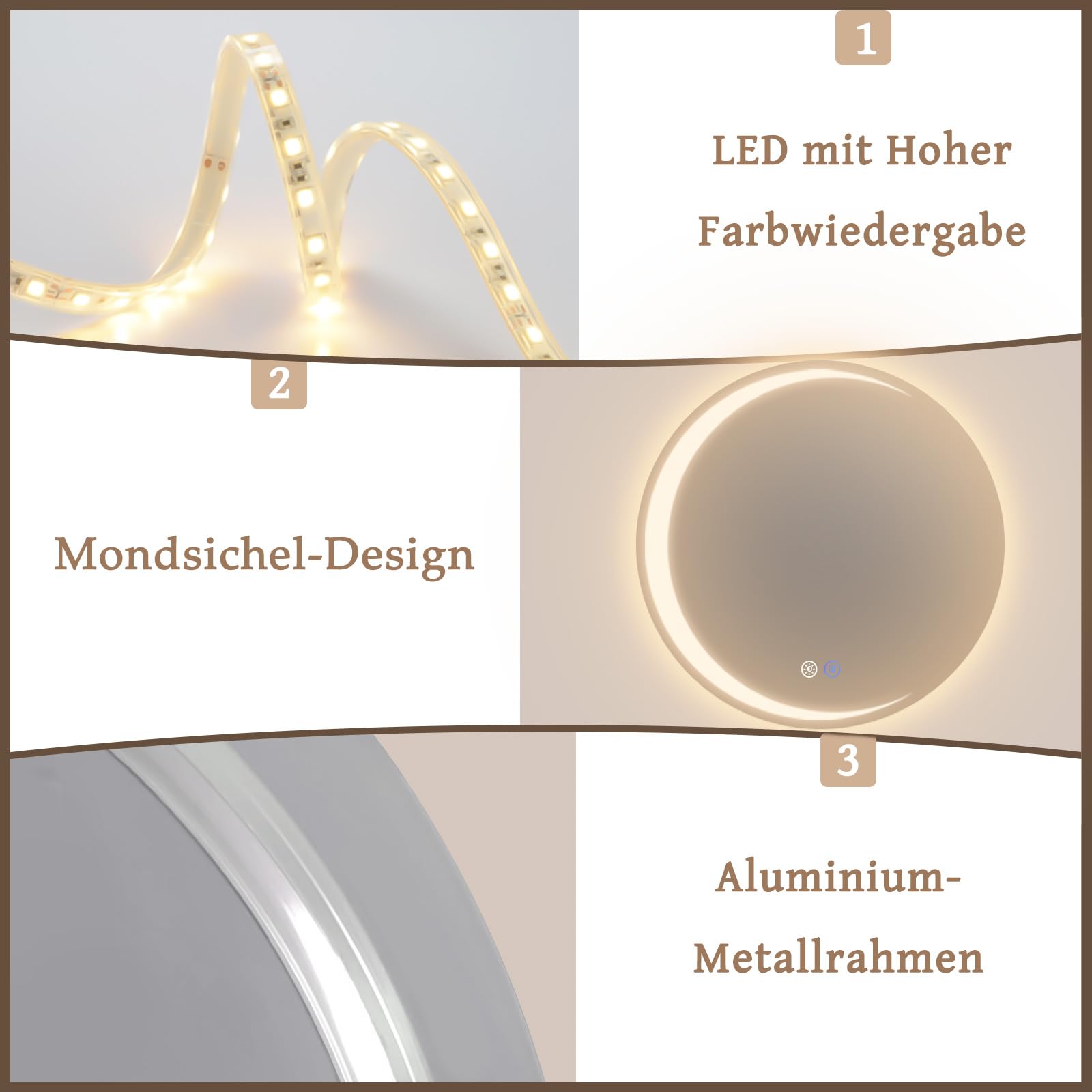 Specchio Bagno Specchio Led - Girare 50cm Specchiera Bagno con Luce 70cm Antifog Dimmerabile 3 Colori Luce Memoria HD Vetro Temperato IP44 Installazione Semplice