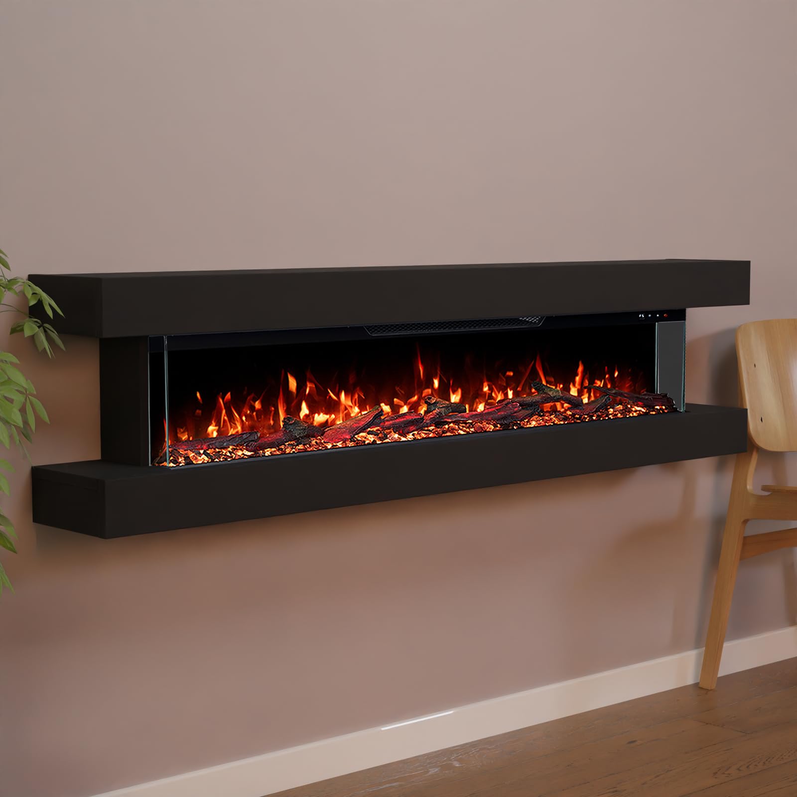 GLOW FIRE Kominek elektryczny Clear 50 z realistycznym ogniem LED 3D – ścienny kominek elektryczny z ogrzewaniem i ogniem, sterowanie za pomocą aplikacji, efekt trzaskania i timer, maks. 1800 W, 157 x
