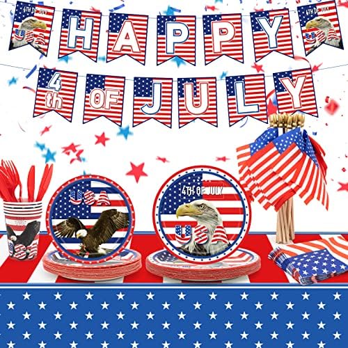 4th of July Party Decorations,Dinnerware Set for Fourth of July Party Decor,Include Tablecloth, Plates, Napkins, Cups, Flatware Set and American Flags, Banne for 4th of july Celebration Decoration