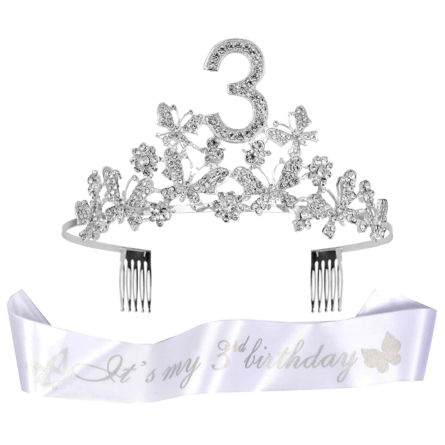 DORADREAMDEKO 3rd Birthday Sash and Tiara for Girls - Fabulous Glitter Sash + Butterflies Rhinestone Silver Premium Metal Tiara for Girls, 3rd Birthday Gifts for Princess Party