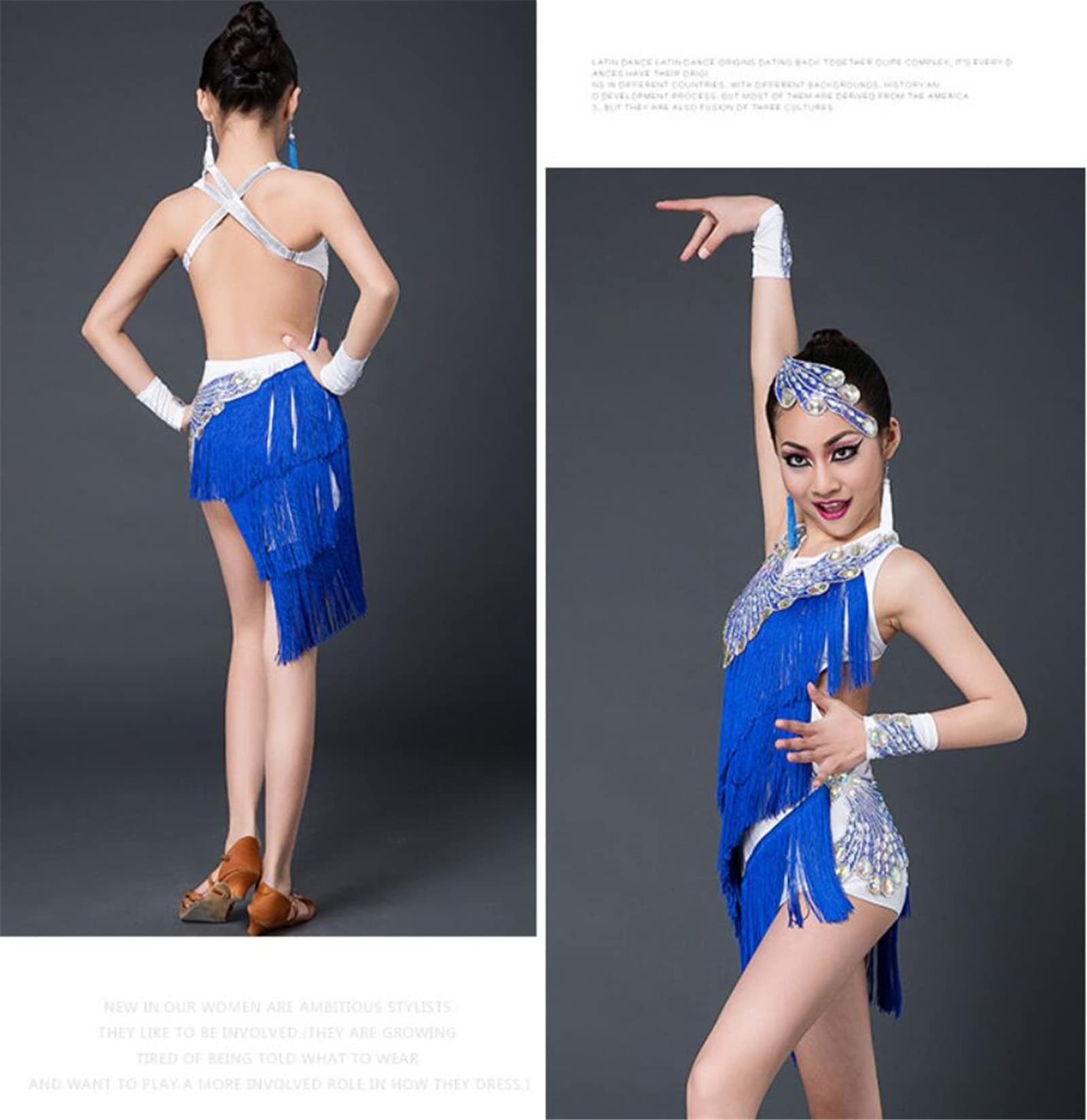 Dziewczyna taniec latynoamerykański sukienka cekiny pomponem samba konkurs sala balowa tango salsa odzież do tańca praktyka odzież konkursowa,Blue,160