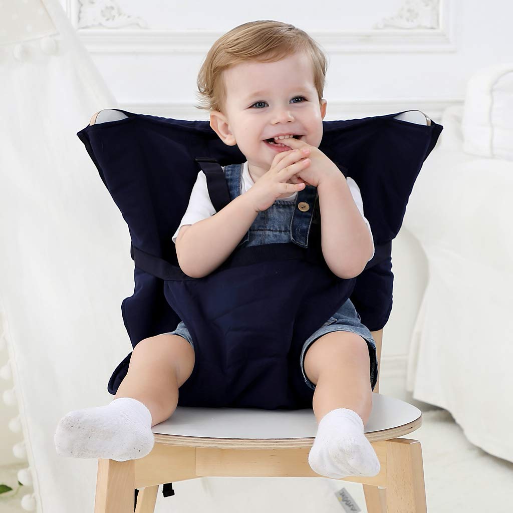 Vine Easy Seat Siège portable de voyage pour chaise haute, siège réglable, sécurisé et lavable | pour tout-petits | Tissu pratique, tient dans votre sac à main - Bleu Foncé