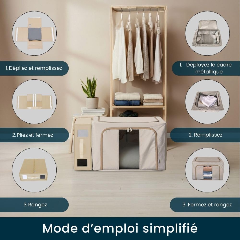 Rangement Parure de Lit, 3 Boites Draps + Sac Rangement à Cadre Métallique