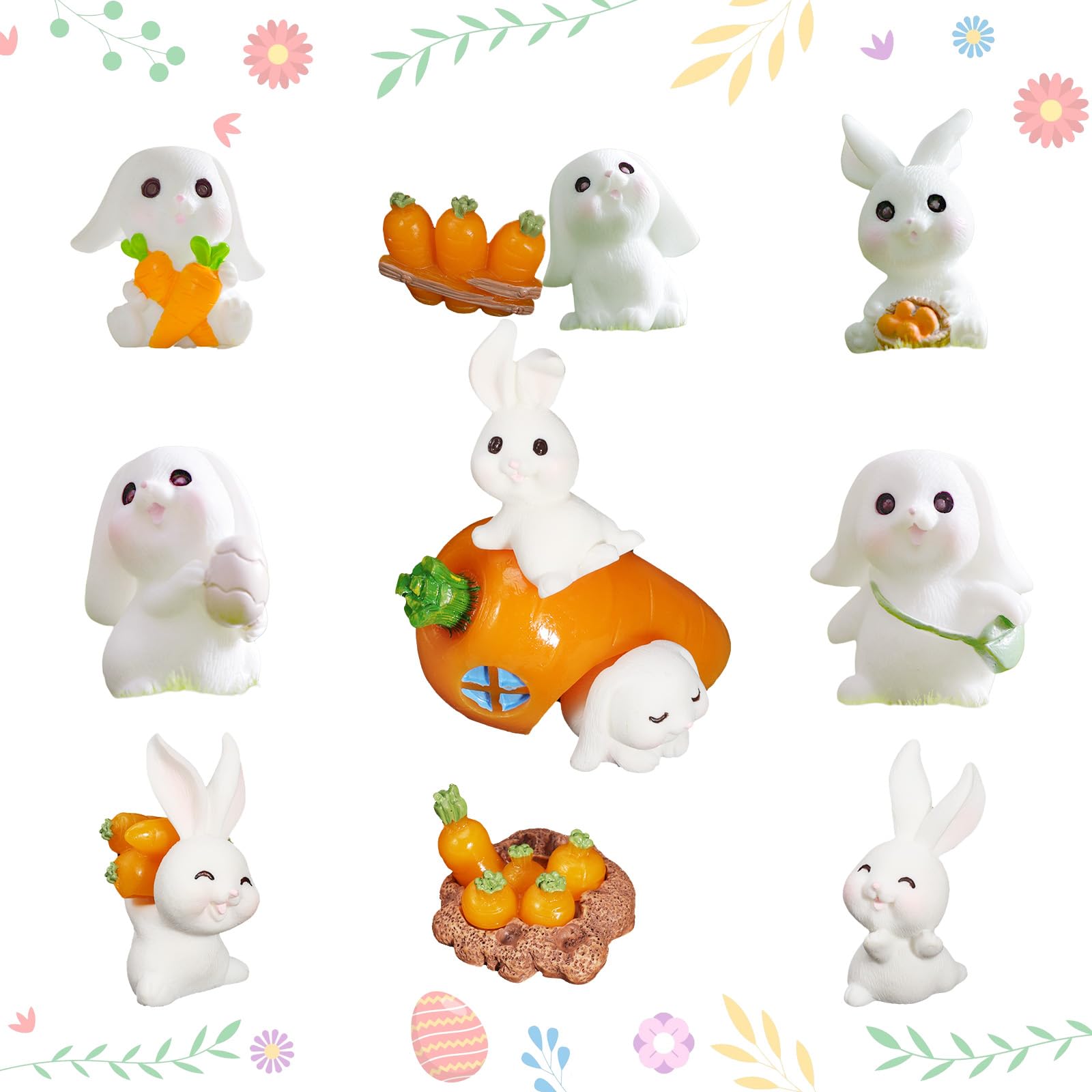 12Pcs Cute Easter Figure Ornaments,Rabbit Toys Set Mini Resin Bunny Carrot Cake Topper Decoration Easter Animal Figurines for Cake,Desk,Micro Landscape Ornament,DIY Fairy Garden,Dollhouse Home Decor