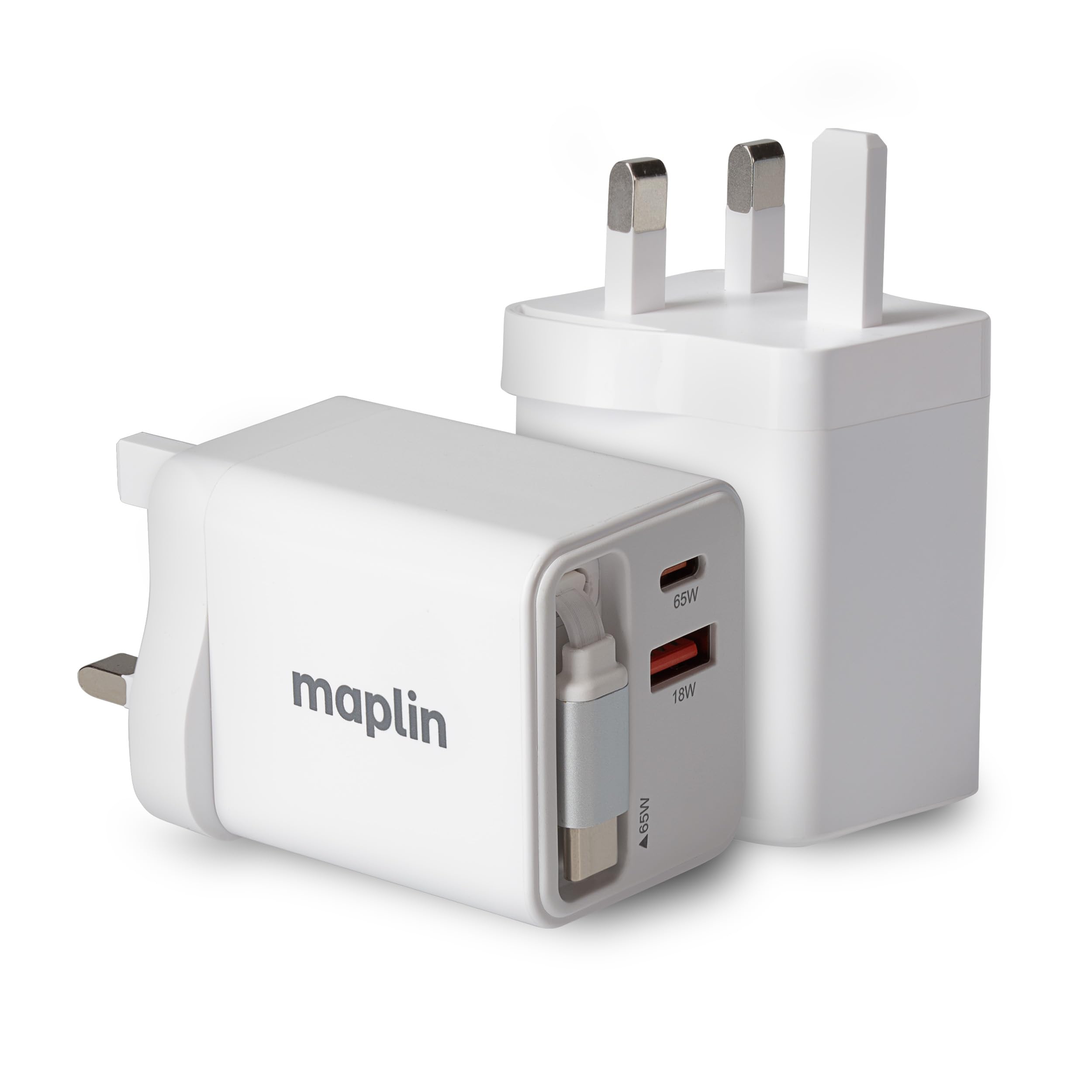 Maplin 2 Port USB Wall Charger 1x USB-C & 1x USB-A 65W GaN PD QC 3.0 Fast Charger with Built-in USB-C Retractable Cable, for iPhone, Samsung Galaxy, Xiaomi, Huawei, Tablets, Laptops & More