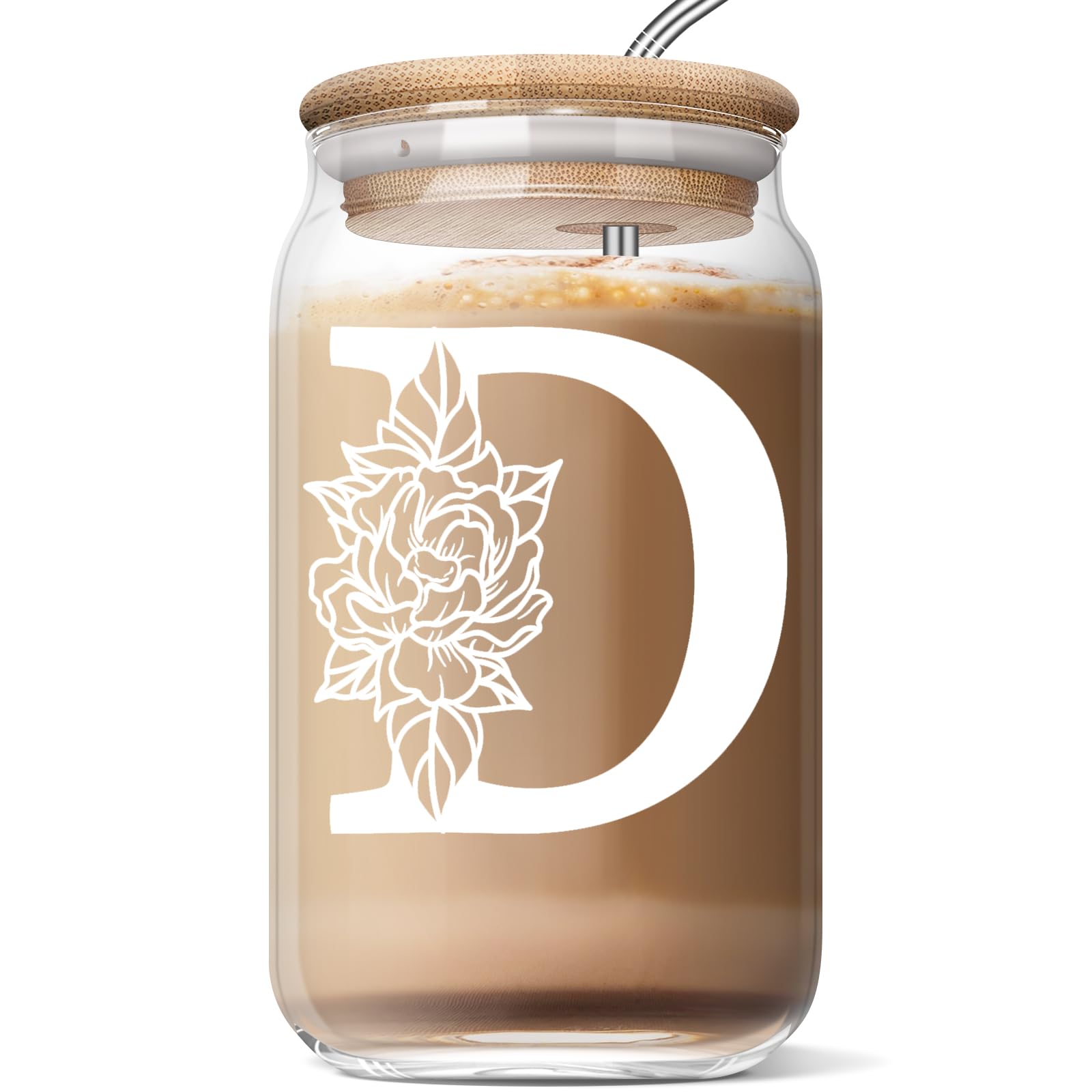 Nurforta Initial Glass Cup, Monogrammed Gifts for Women w/Bamboo Lid Straw Personalized Valentines Mother Day Birthday Gifts for Her, Mom, Wife, Girlfriend, Sister, Friends 16 oz Coffee Cup,D