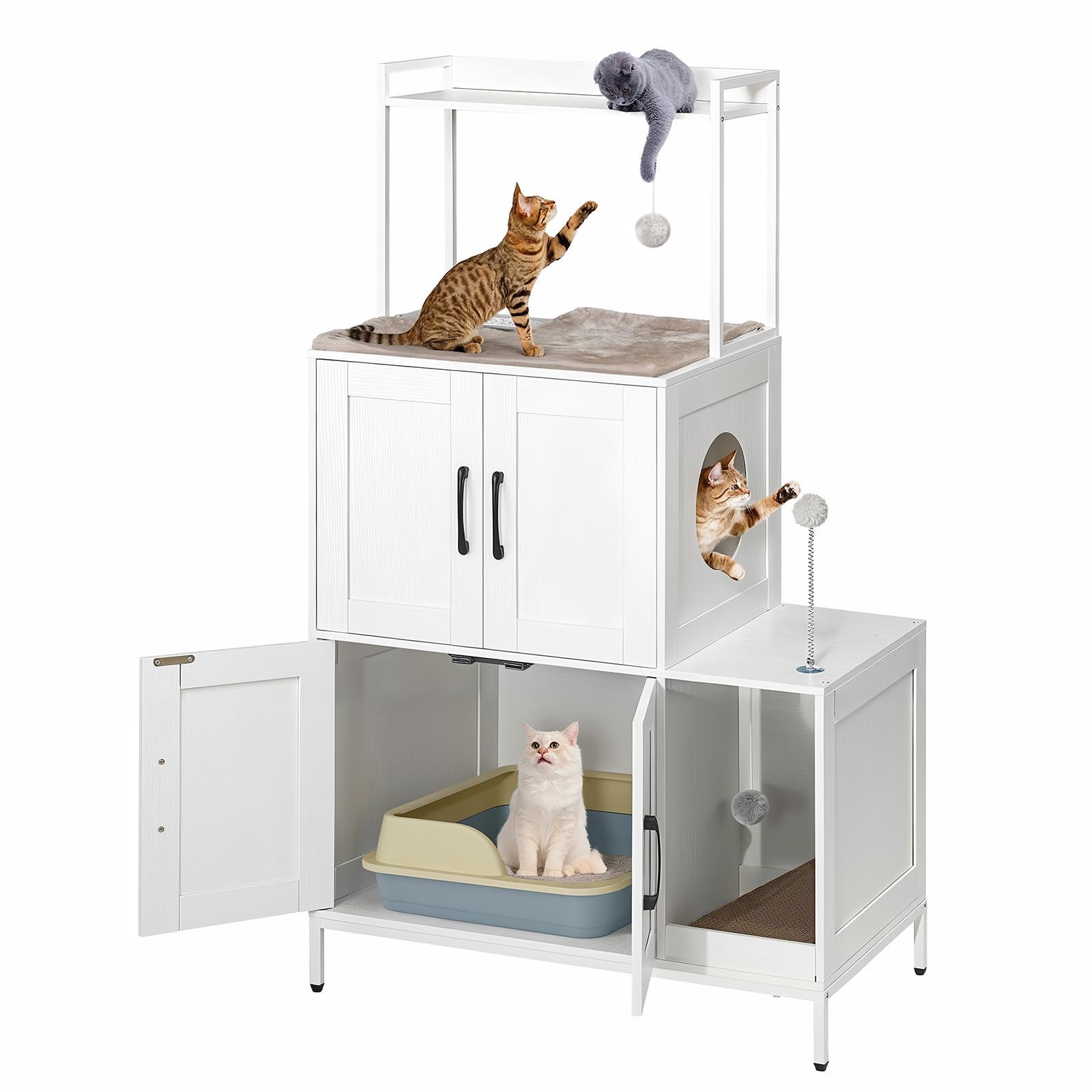 HOOBRO Maison de Toilettes pour Chats, Meuble pour Animaux avec Rangement et Étagère, avec 2 Boules en Peluche Suspendues et 1 Balle de Jeu, Litière pour Chats d'Intérieur, Blanc EWT78MW01